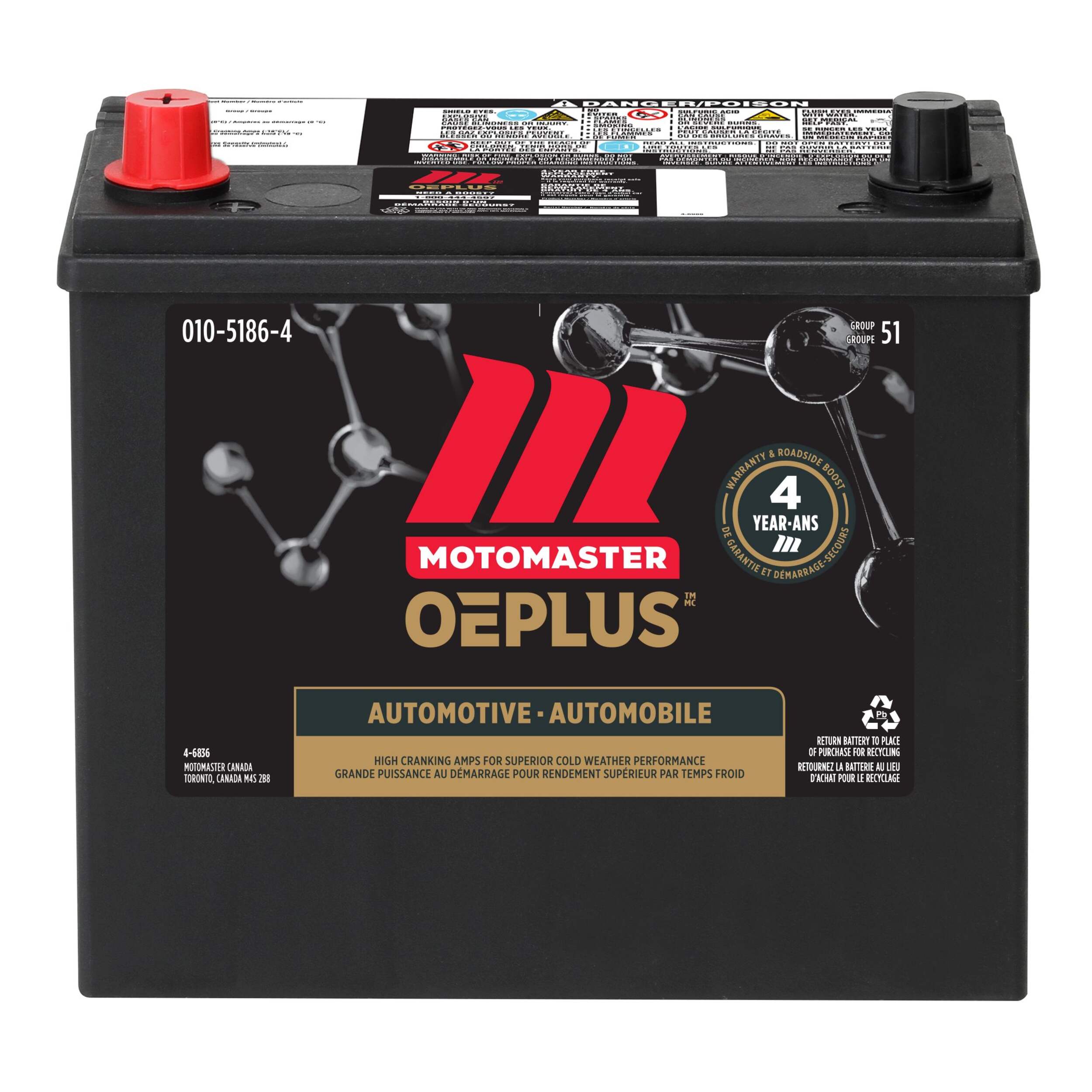 MOTOMASTER OEPLUS Group Size 51 Battery, 500 CCA Front_Elevated