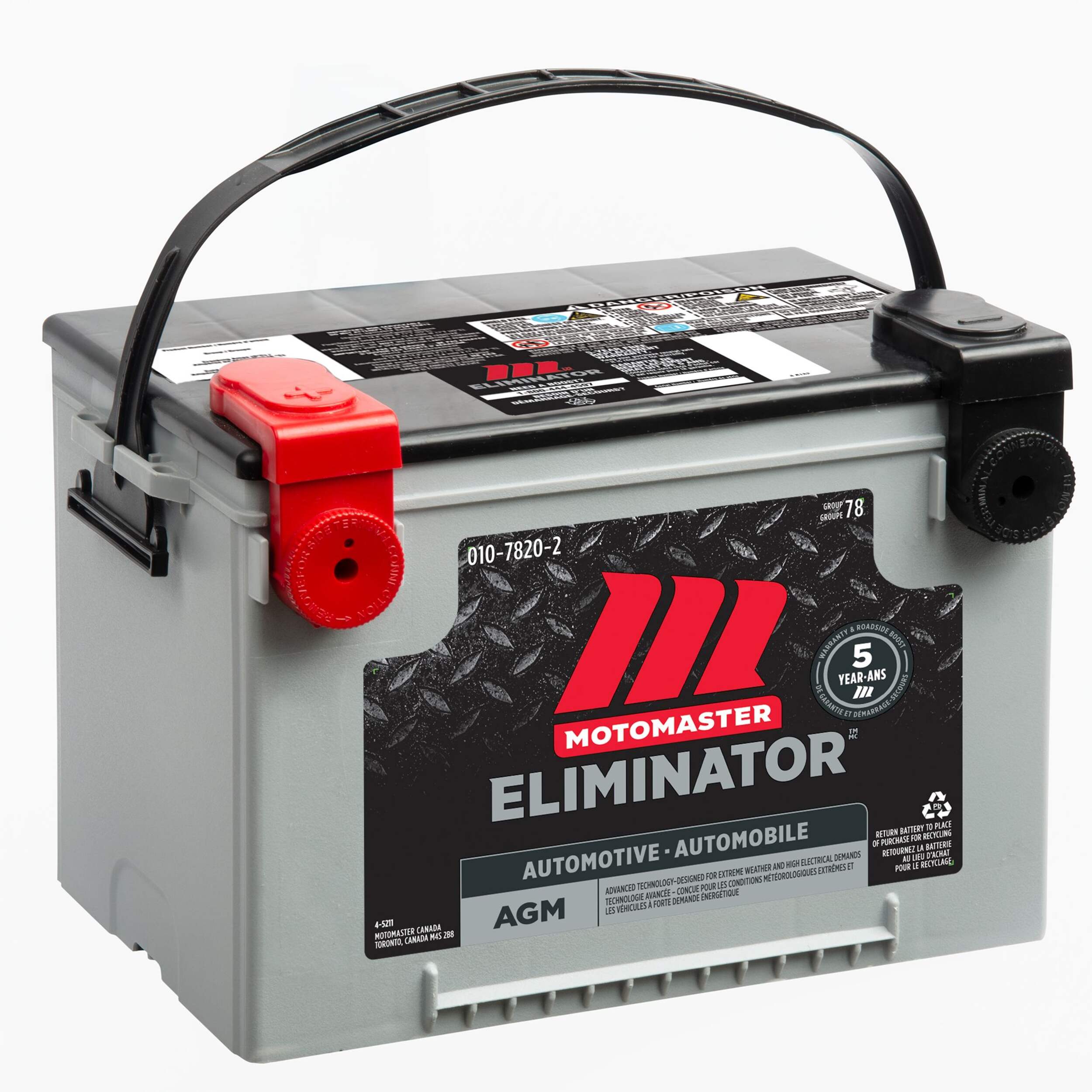 Batterie MotoMaster Eliminator AGM, groupe 78, 750 ADF Front_Angled_Right