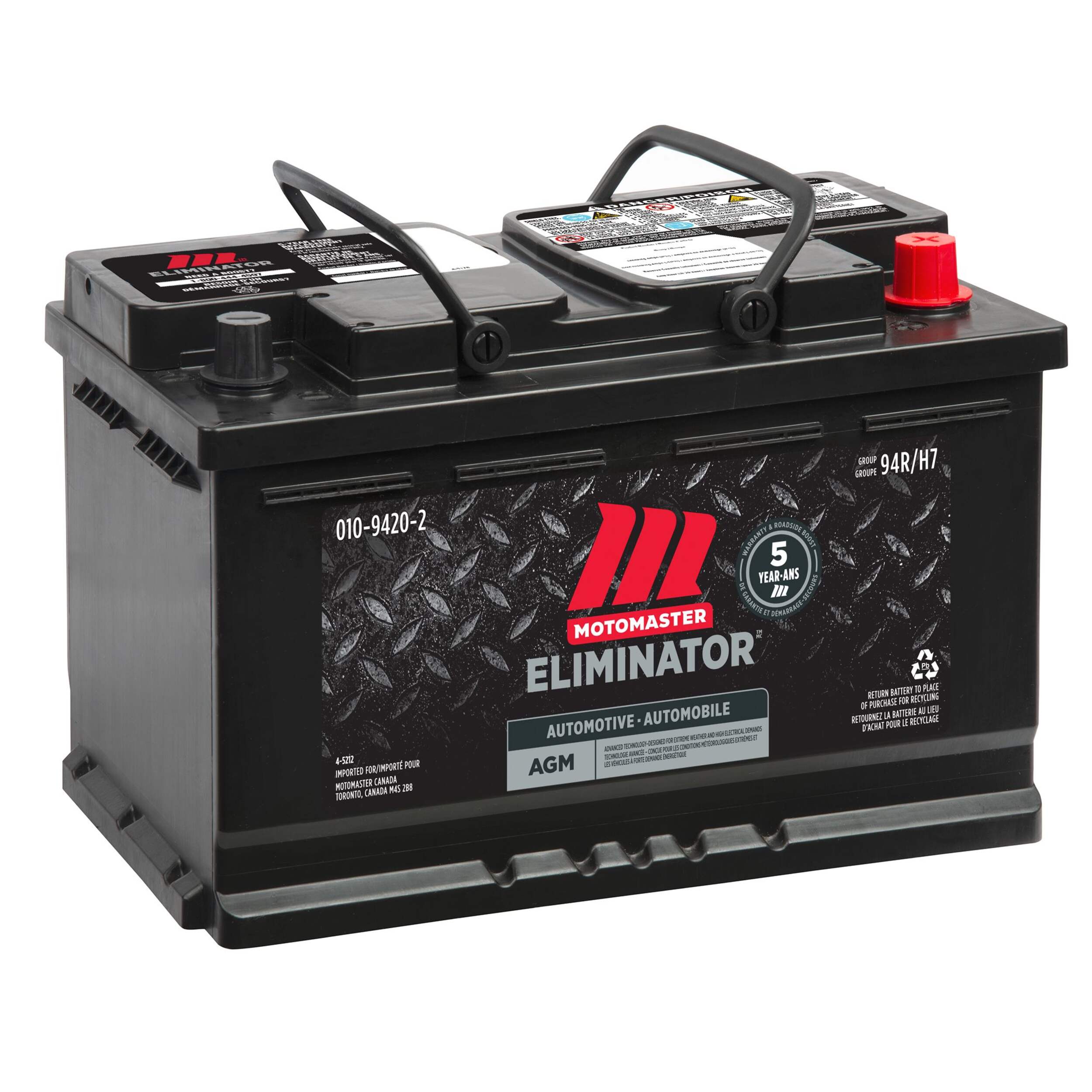 MOTOMASTER ELIMINATOR AGM Group Size 94R (H7/L4) Battery, 800 CCA Front_Angled_Right