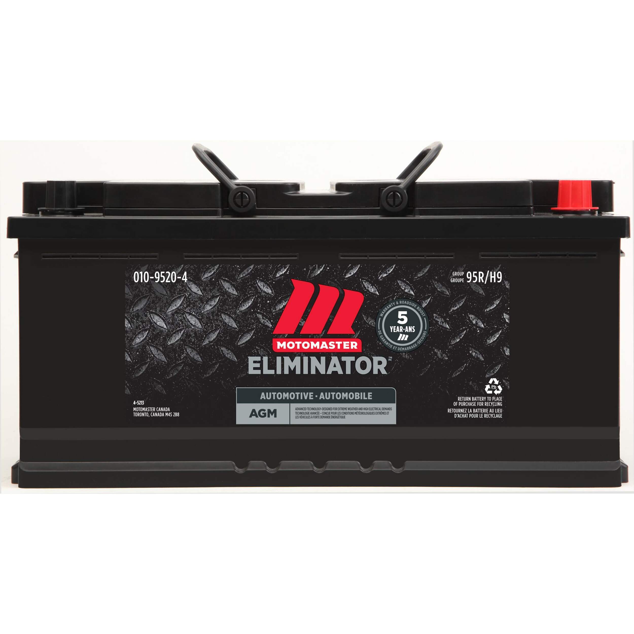 MOTOMASTER ELIMINATOR AGM Group Size 95R (H9/L6) Battery, 950 CCA Front_Flat