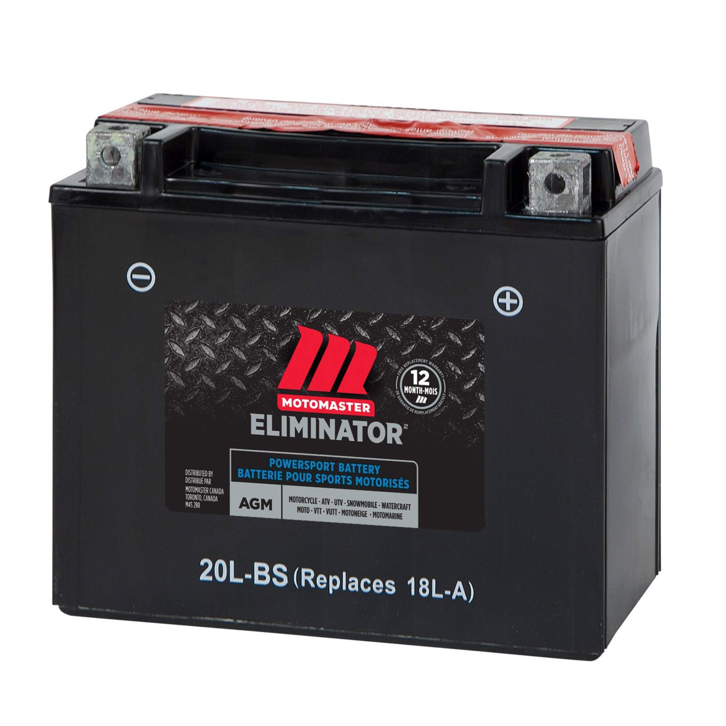 MOTOMASTER ELIMINATOR AGM Powersports Battery, 20L-BS Front_Angled_Left