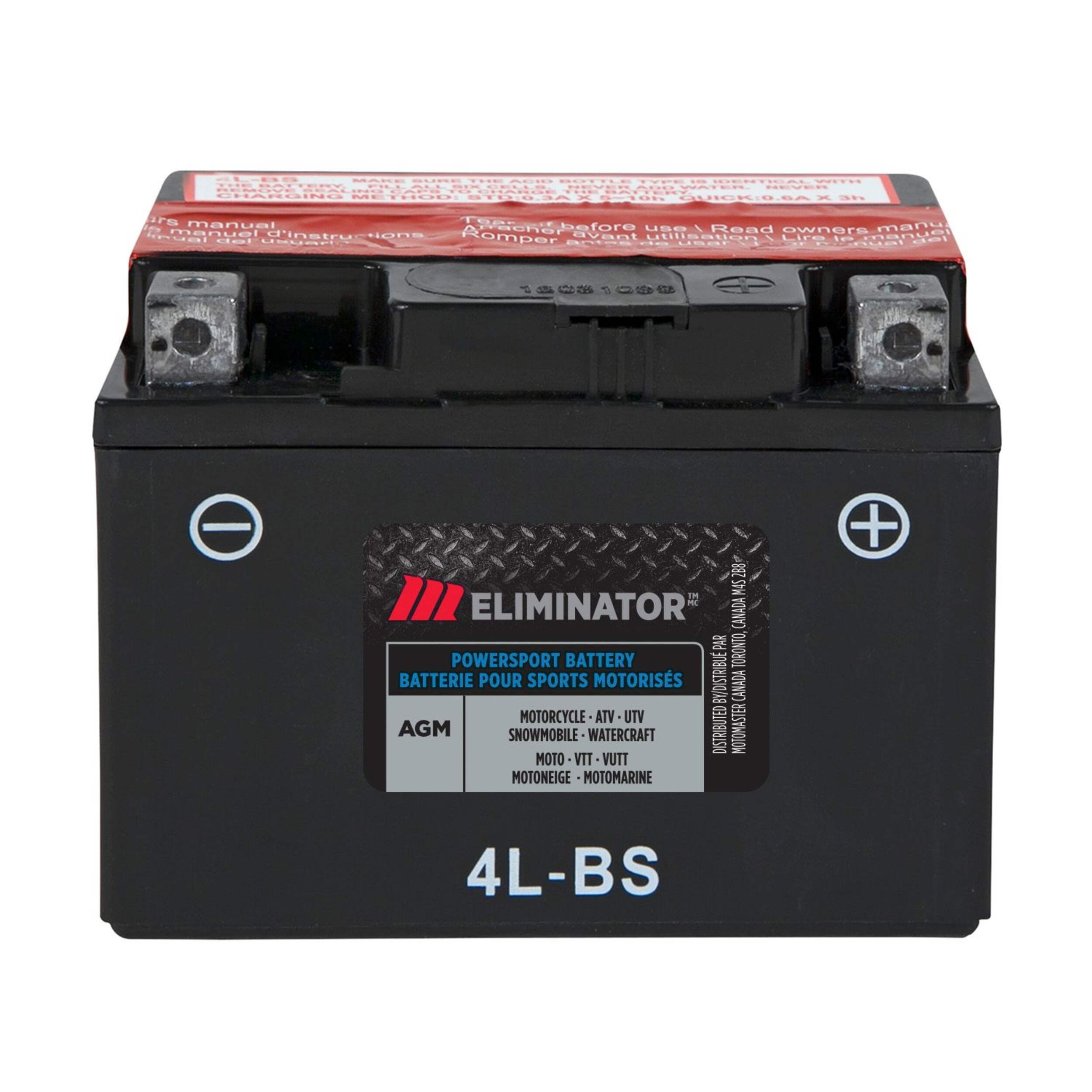 MOTOMASTER ELIMINATOR AGM Powersports Battery, 4L-BS Front_Elevated