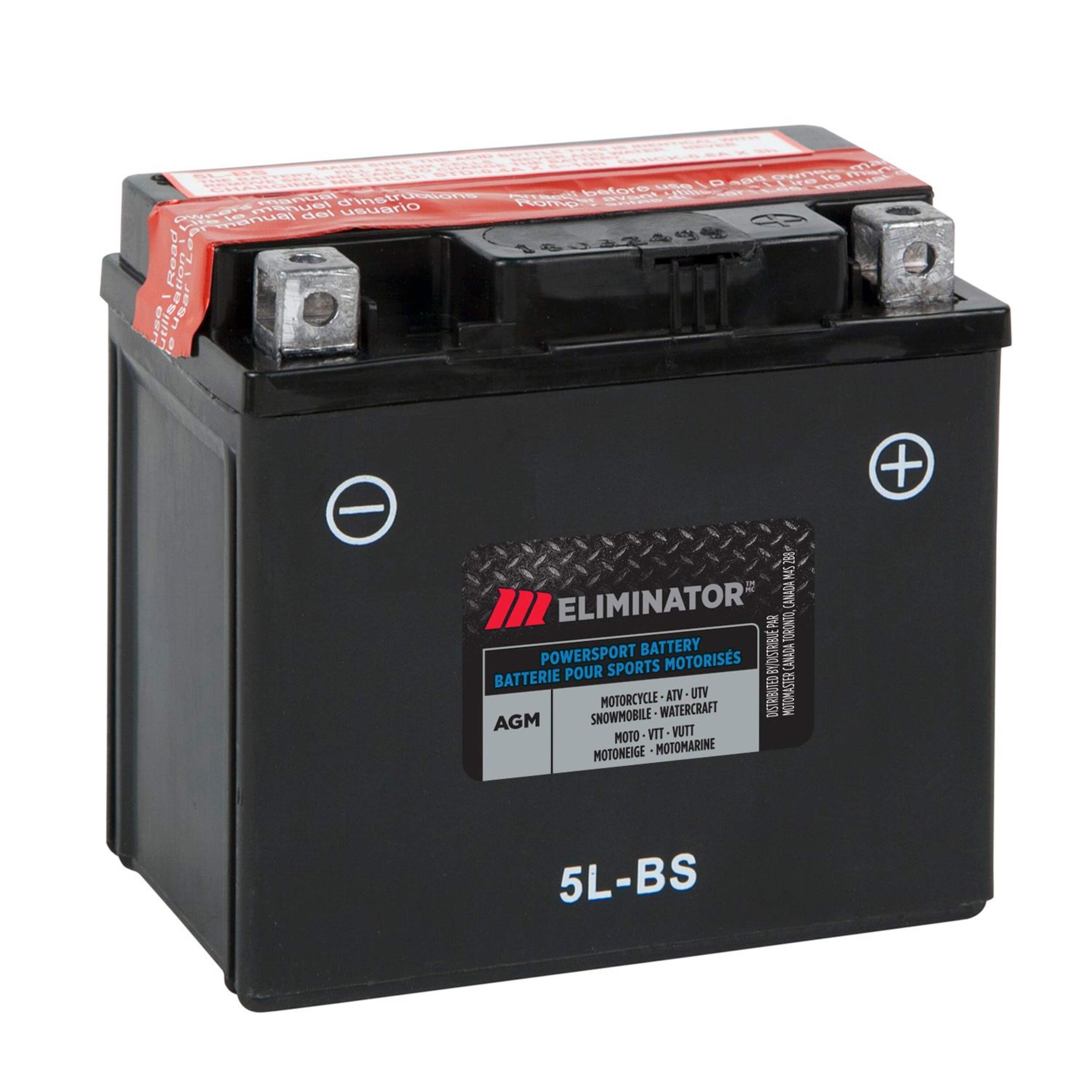 MOTOMASTER ELIMINATOR AGM Powersports Battery, 5L-BS Front_Angled_Right