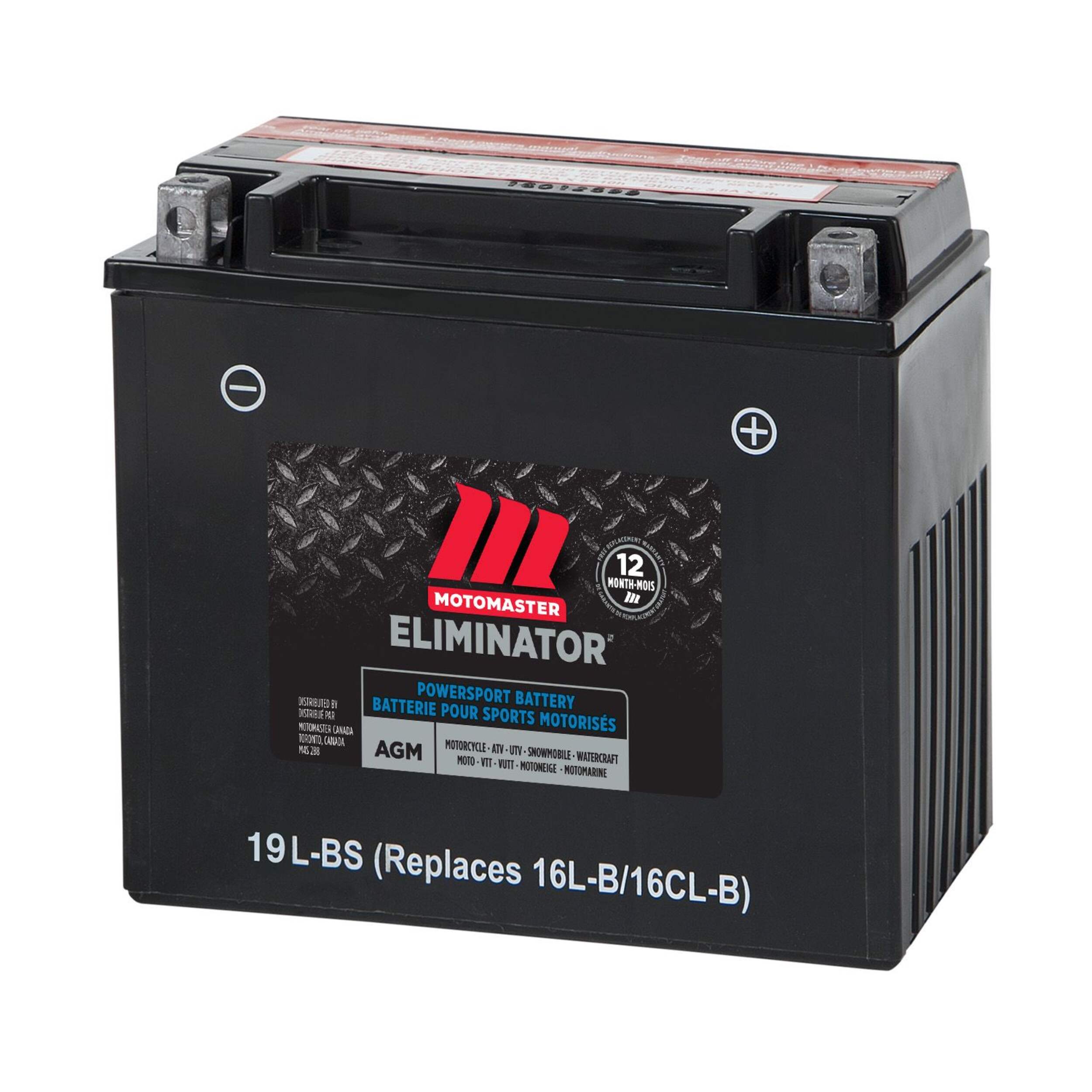 MOTOMASTER ELIMINATOR AGM Powersports Battery, 19L-BS Front_Three_Fourths_Angled_Left