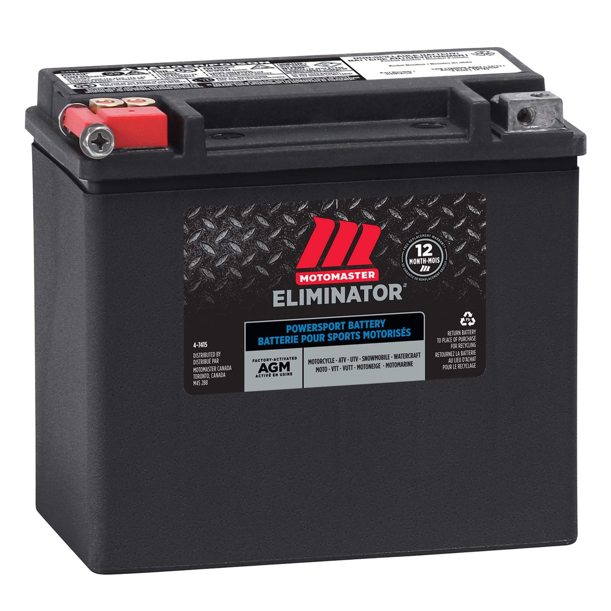 MOTOMASTER ELIMINATOR AGM Factory-Activated Powersports Battery, ETX16 Front_Angled_Right