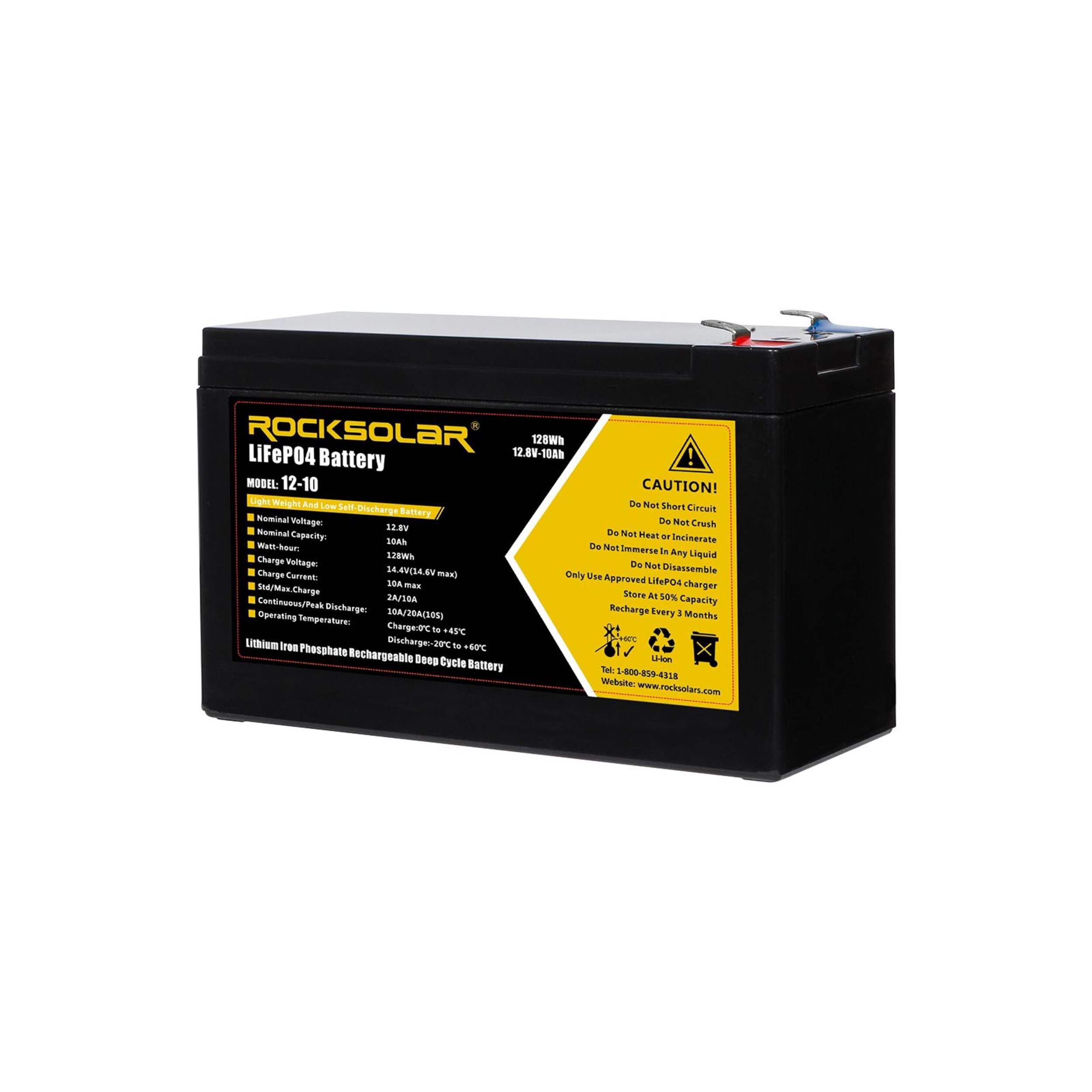 ROCKSOLAR 12V 10Ah Deep Cycle Lithium (LiFePO4) Battery Front_Angled_Left