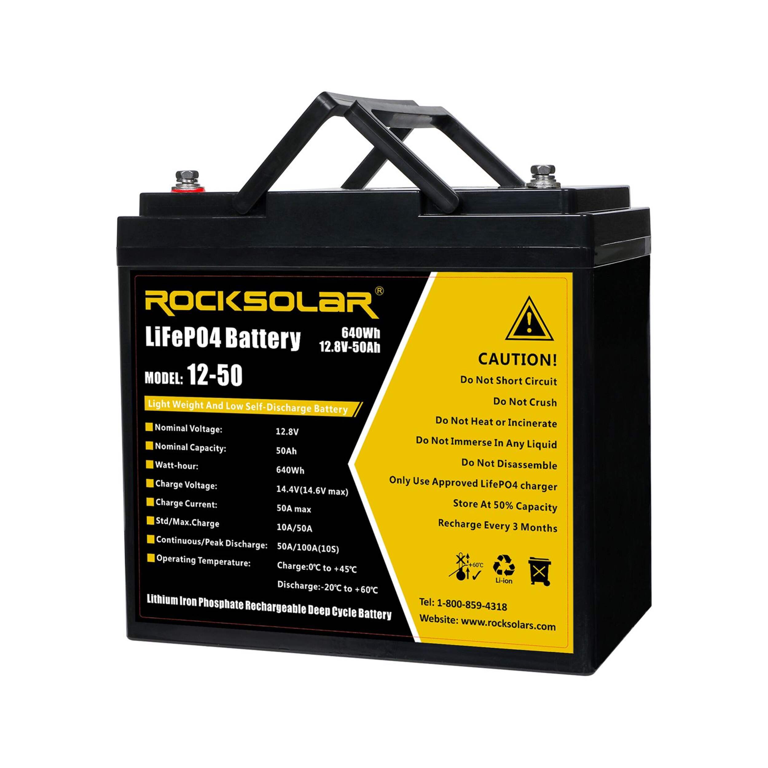 ROCKSOLAR 12V 50Ah Deep Cycle Lithium (LiFePO4) Battery Front_Angled_Left