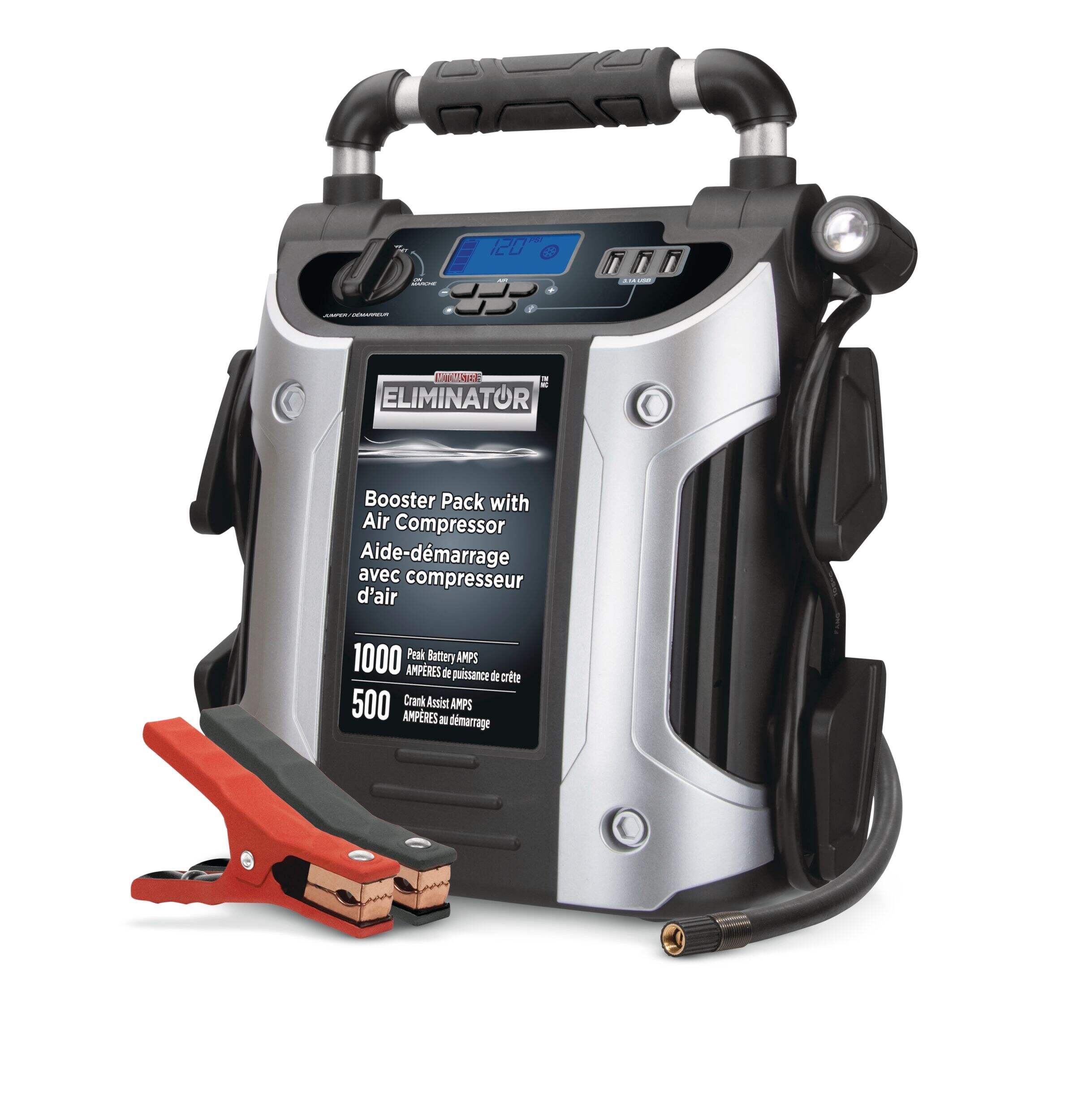 MotoMaster Eliminator Booster Pack/Jump Starter, With Auto-Stop Digital Air Compressor, 1000 Peak Amp, 12V Front_Angled_Left