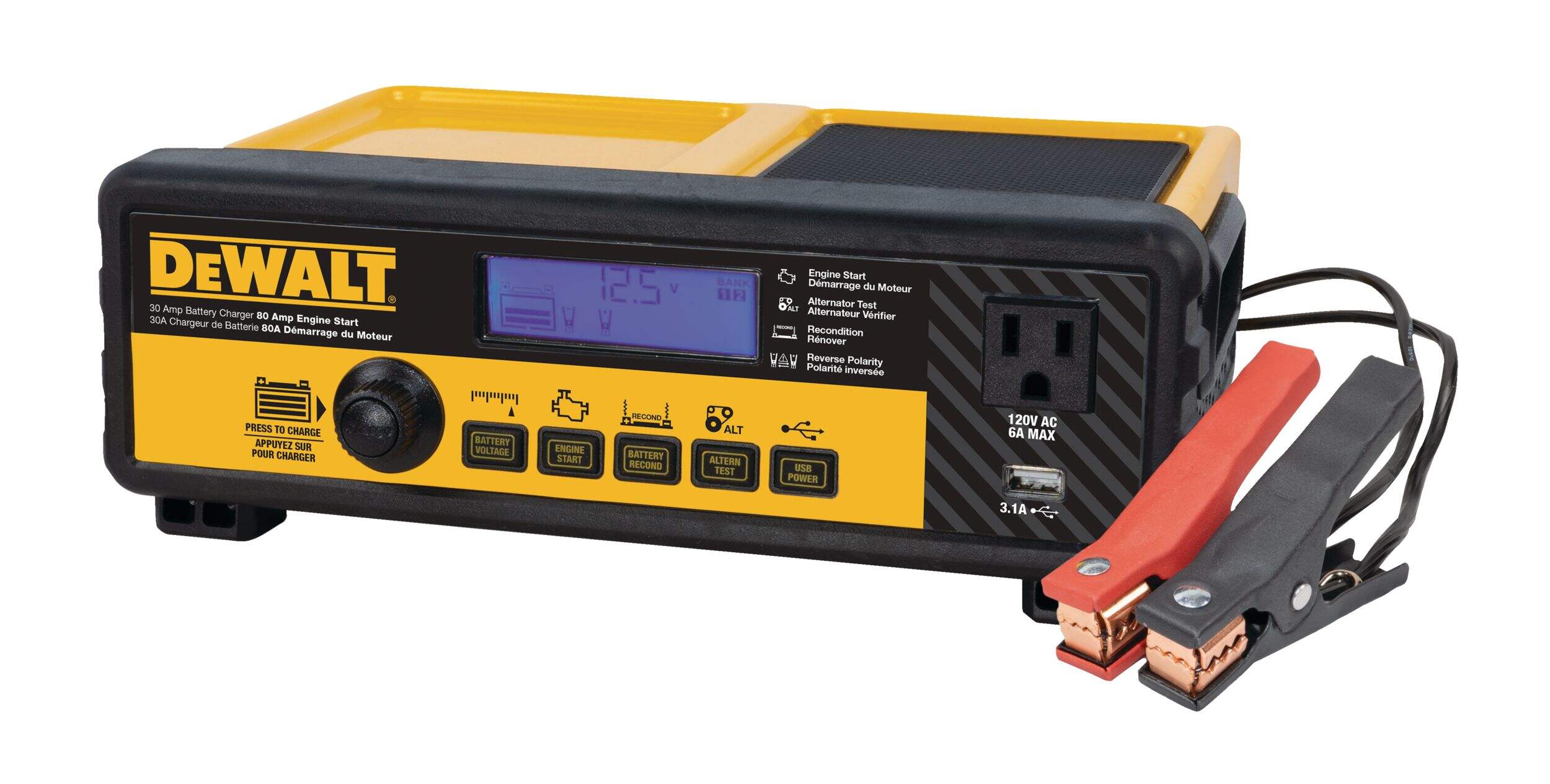 DEWALT DXAEC801BCA Battery Charger/Maintainer, 30-Amp, 12V, with 80-Amp Engine Start Front_Angled_Left