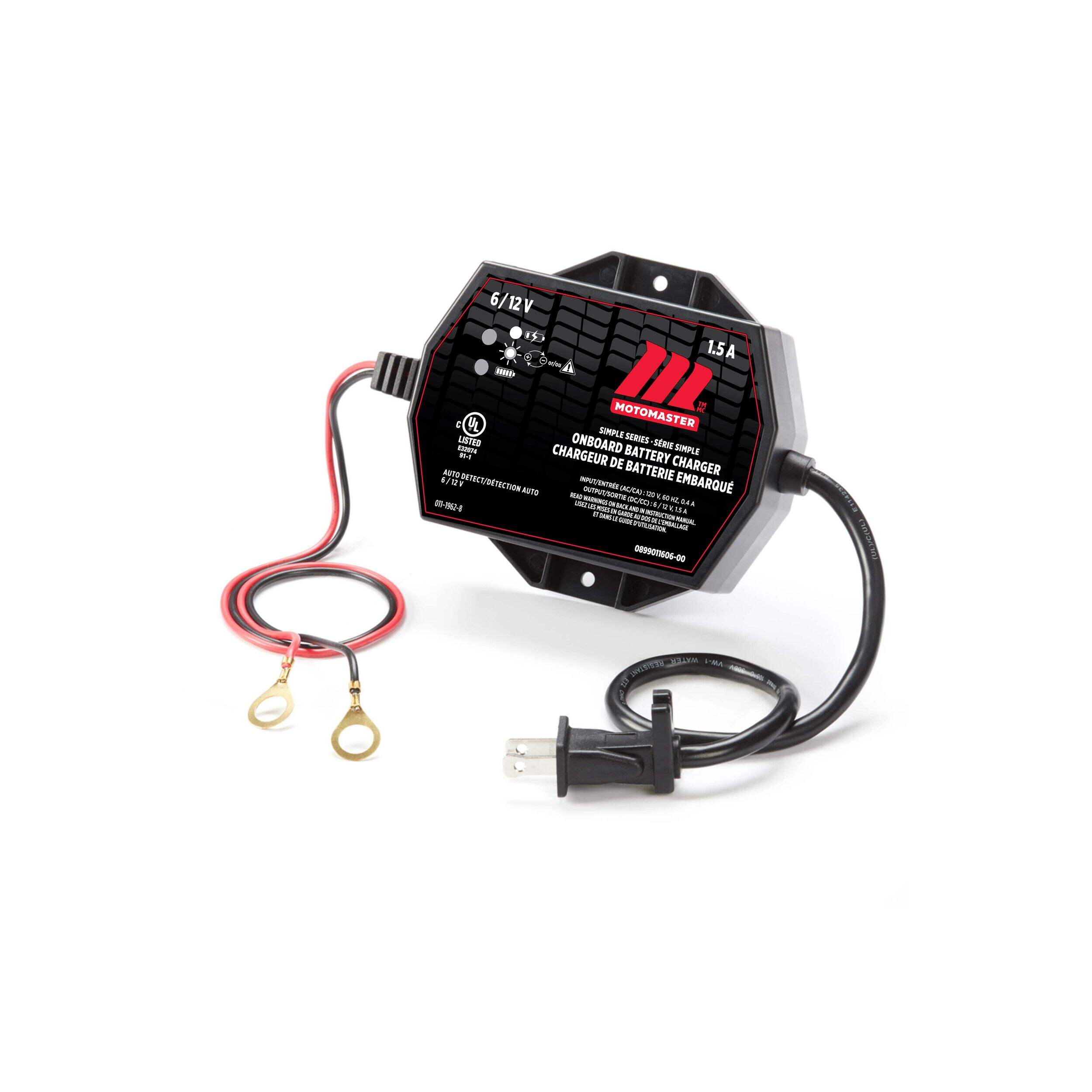 Chargeur de batterie intelligent intégré MotoMaster de série simple, entièrement automatique, 1,5 A, 6 V/12 V Front_Flat
