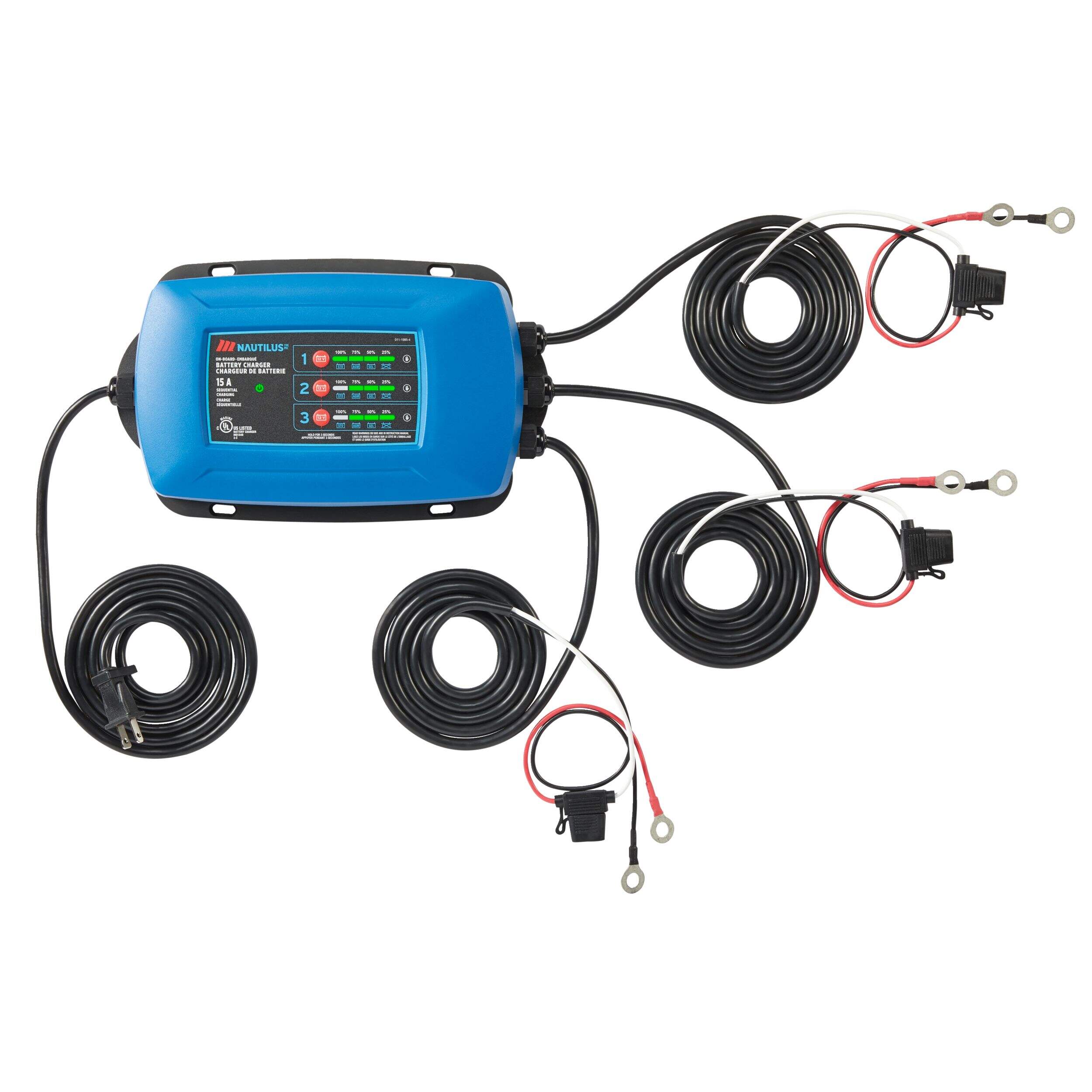 MotoMaster Nautilus 3-Bank Onboard Smart Battery Charger/Maintainer, Fully Automatic, 15-Amp, 12V Front_Flat