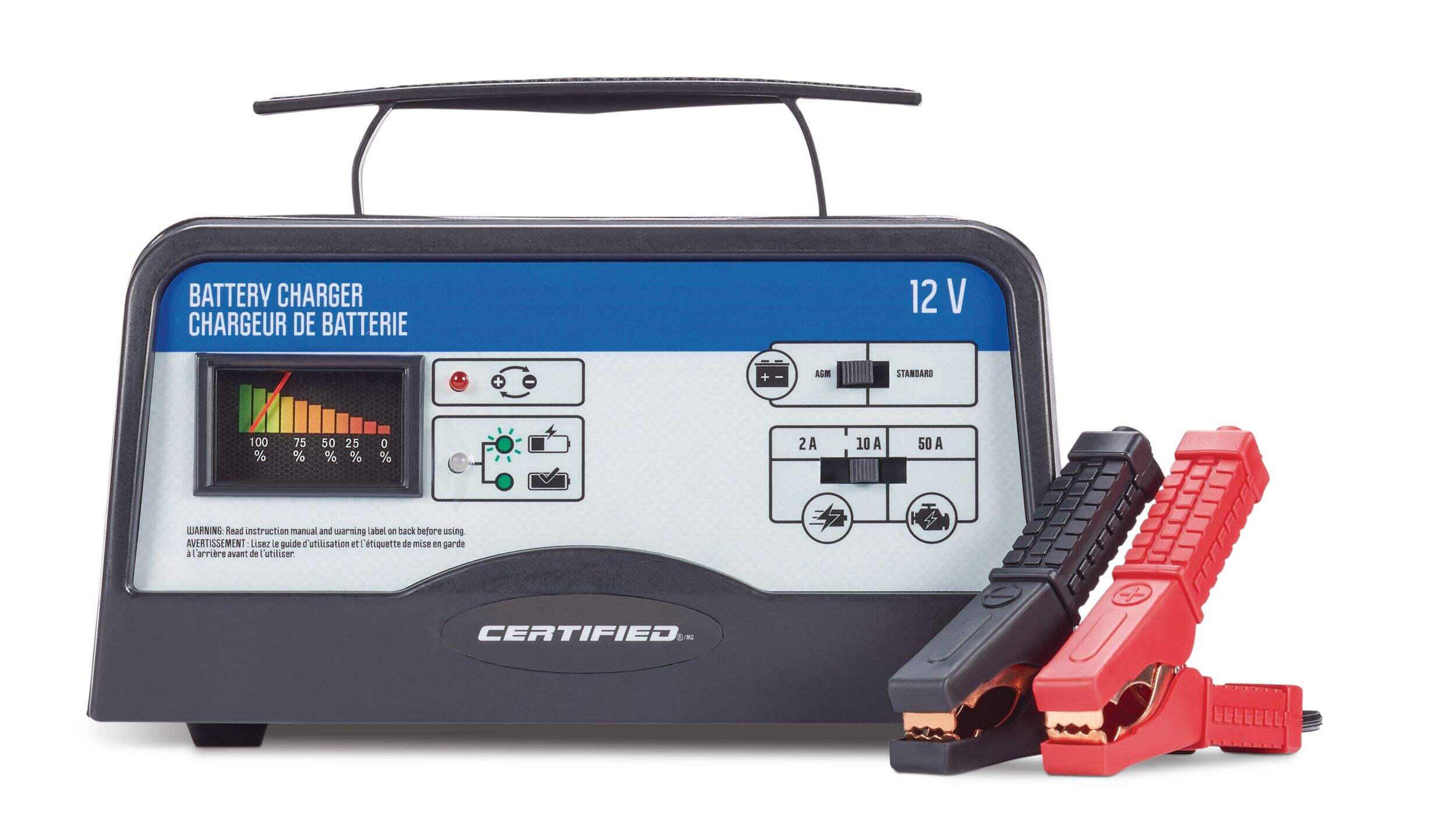 Certified Battery Charger, Fully Automatic, 10/2-Amp, 12V, with 50-Amp Engine Start Front_Flat