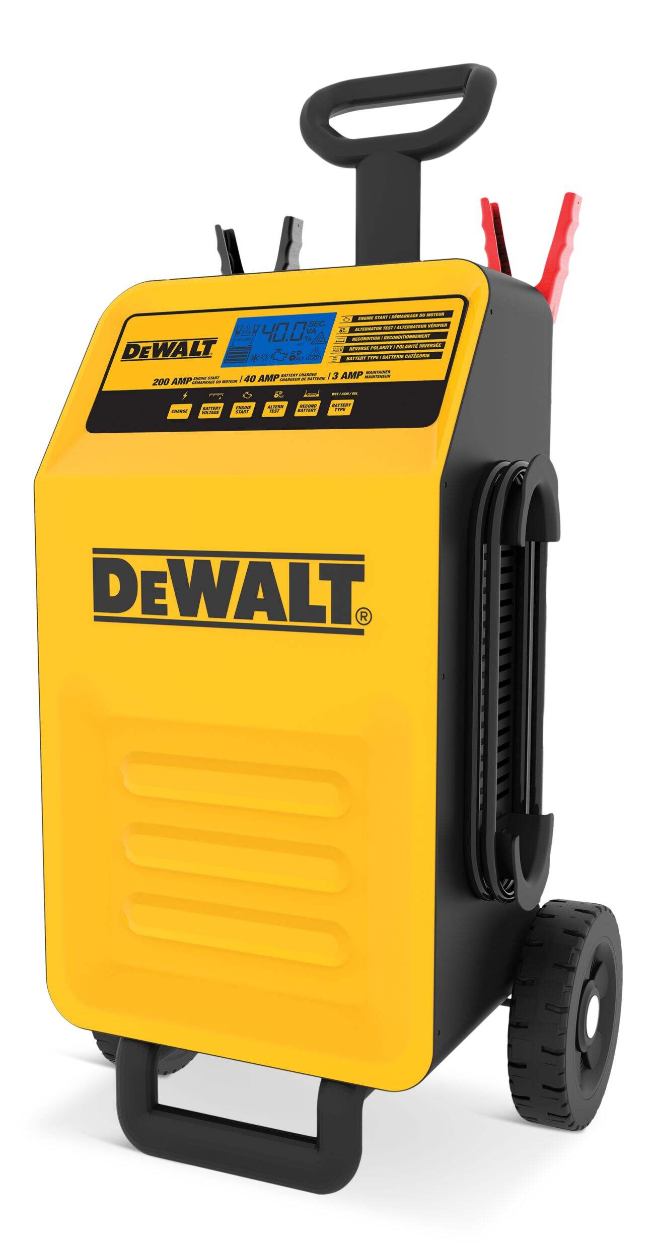 DEWALT DXAEC200CA Rolling Battery Charger/Maintainer, 40/3-Amp with 200-Amp Engine Start, 12V Front_Three_Fourths_Angled_Left