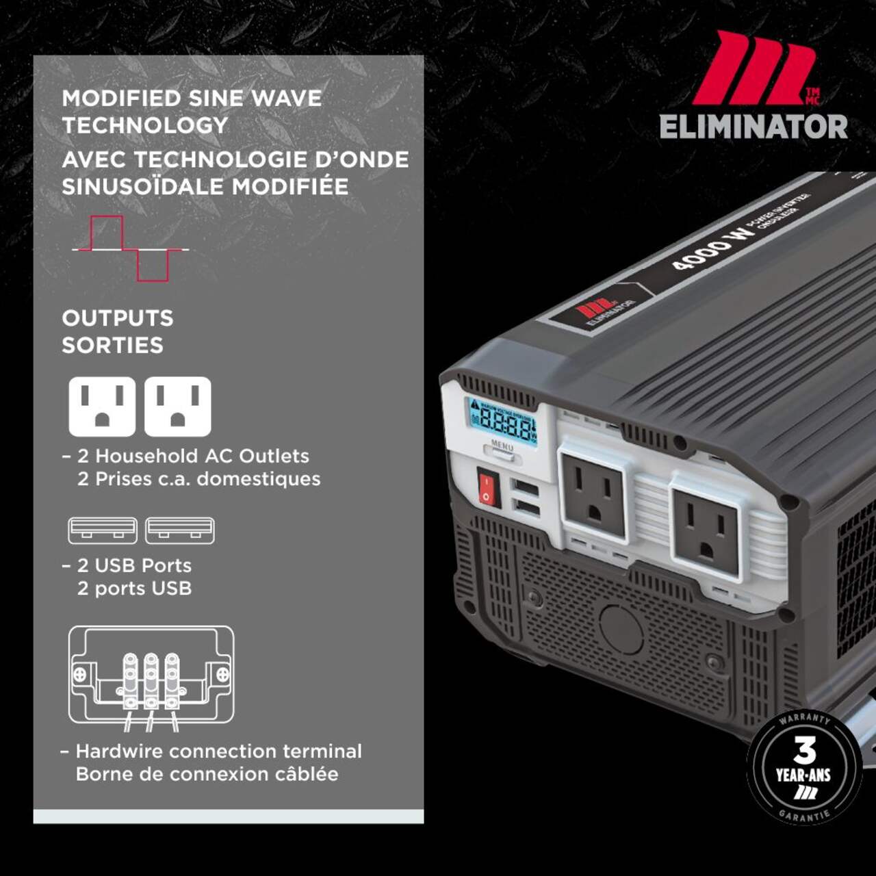 MotoMaster Eliminator Power Inverter, 4000W, Includes Battery Cables, Fuse  Kit and Wired Remote