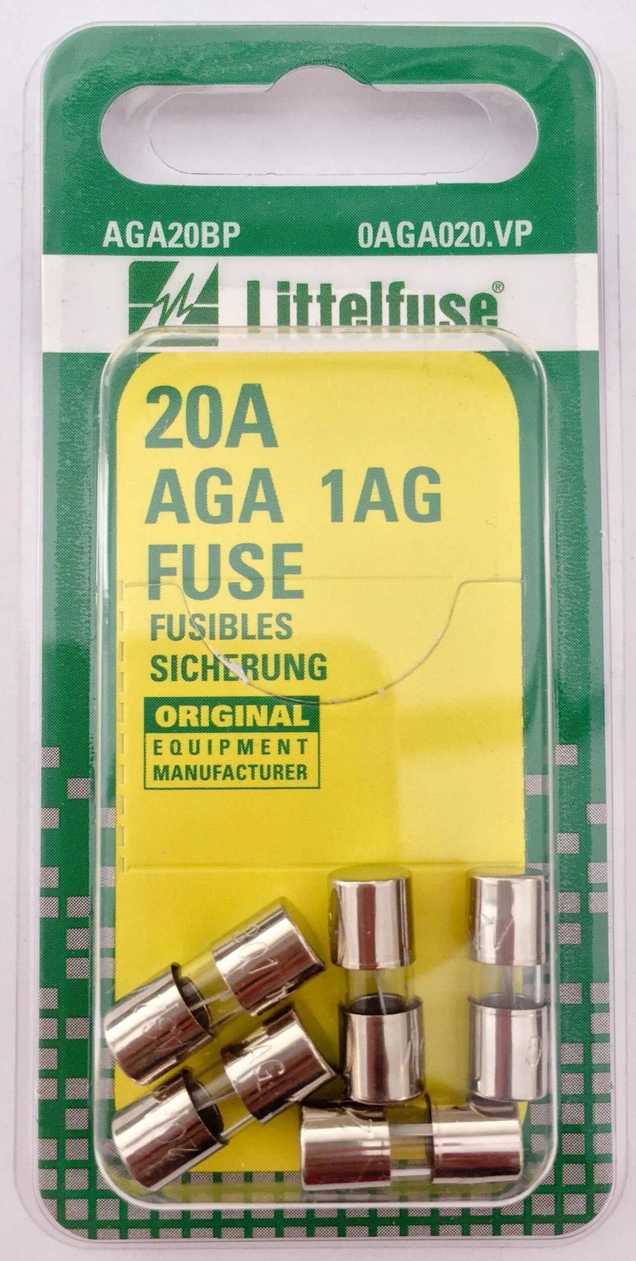 Littelfuse 20A AGA Glass Fuse, 5-pk Front_Flat