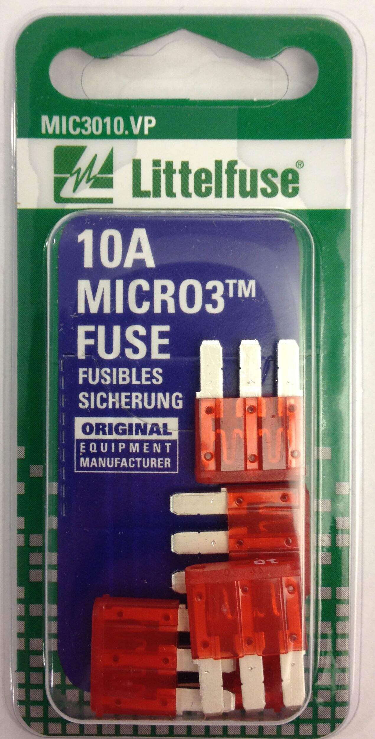Littelfuse Micro3 Blade 32V Ag 10A Fuse, 5-pk Front_Flat