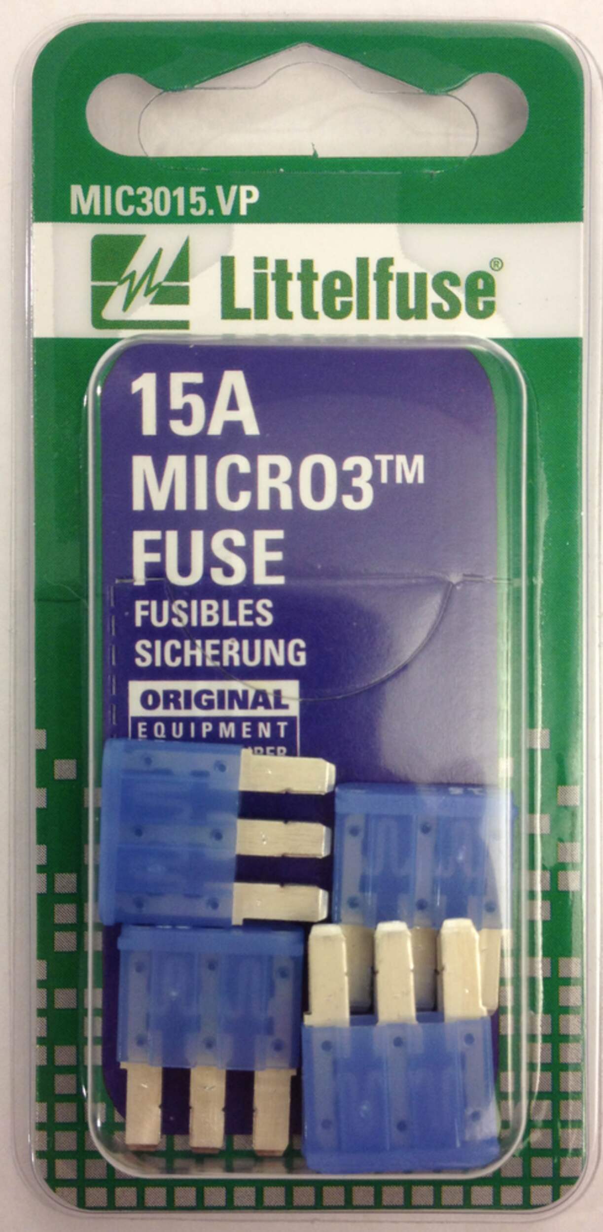 Littelfuse Micro3 Blade 32V Ag 15A Fuse, 5-pk Front_Flat