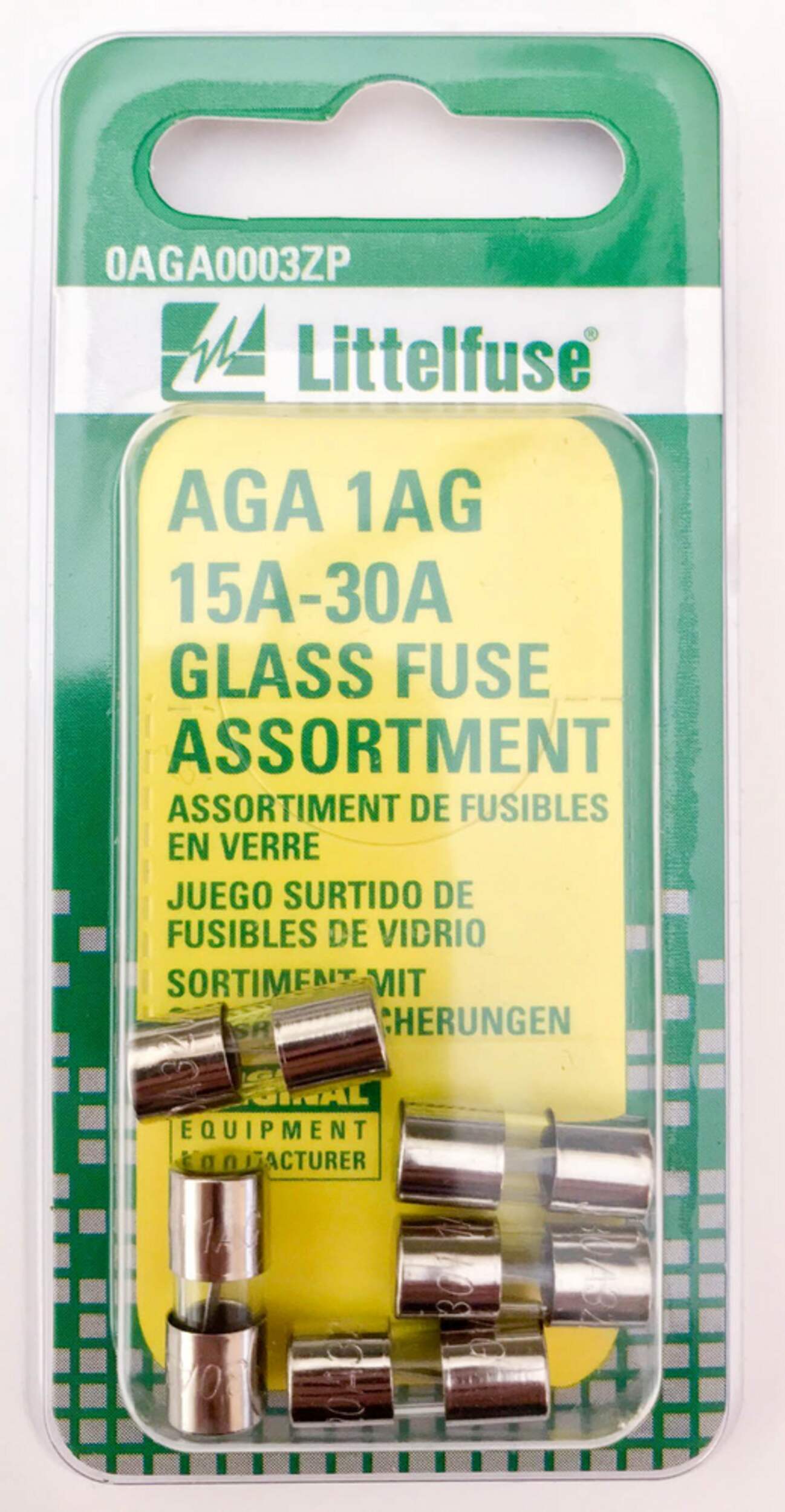 Fusibles en verre Littelfuse AGA 1AG, 15 A-30 A, paq.5 Front_Flat