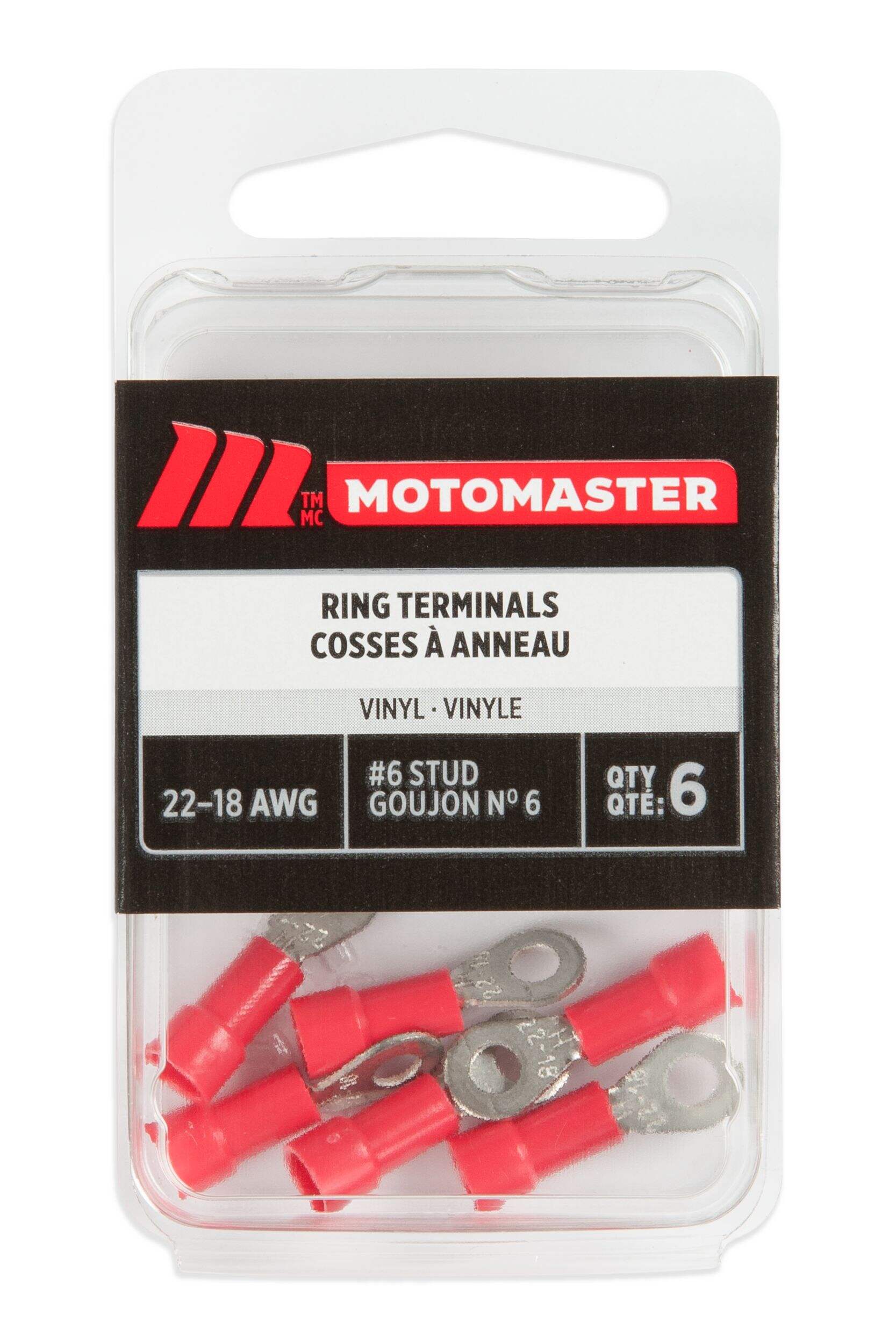 MotoMaster 22-18 AWG Automotive Ring Terminal, #6 Stud, 6-pk Front_Flat