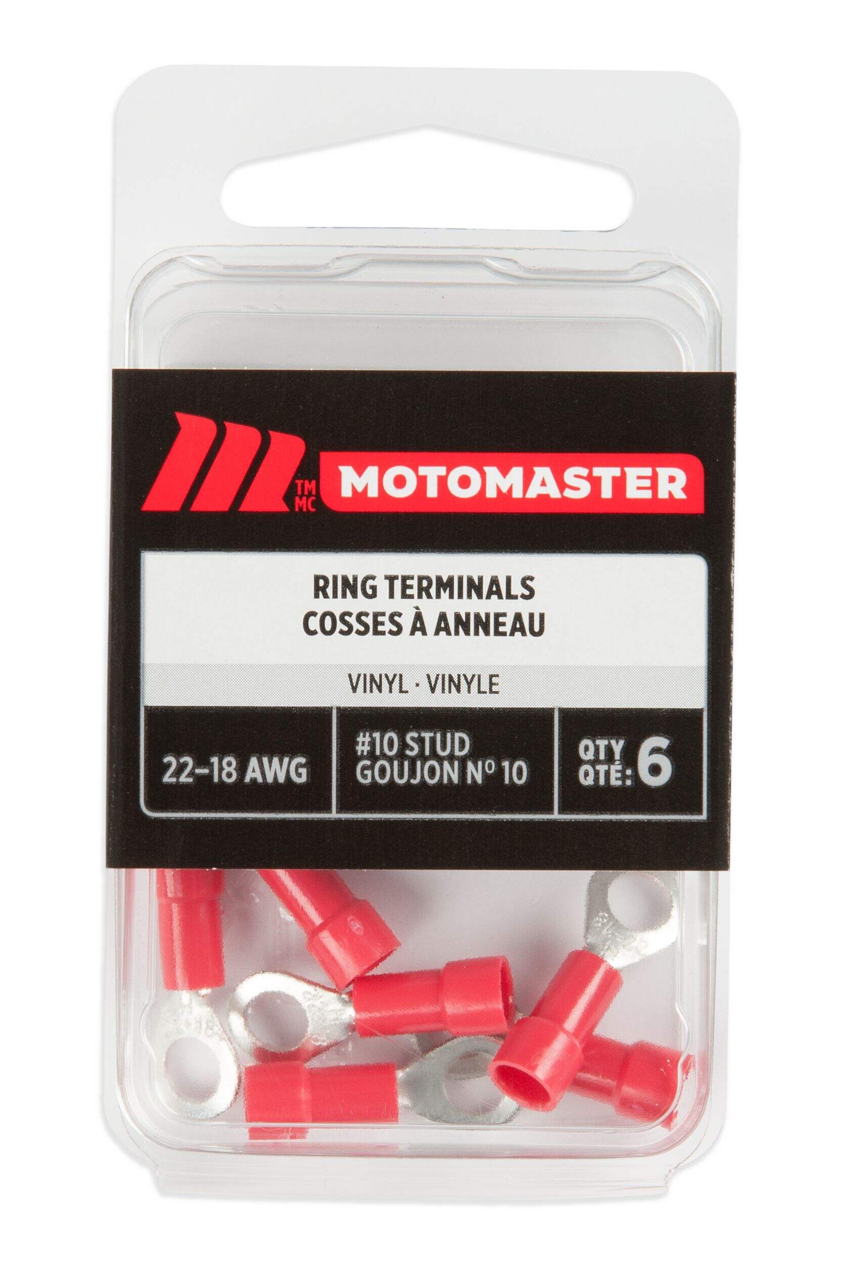 Cosses à anneau 22-18 AWG pour l'auto MotoMaster, goujon de calibre 10, paq. 6 Front_Flat
