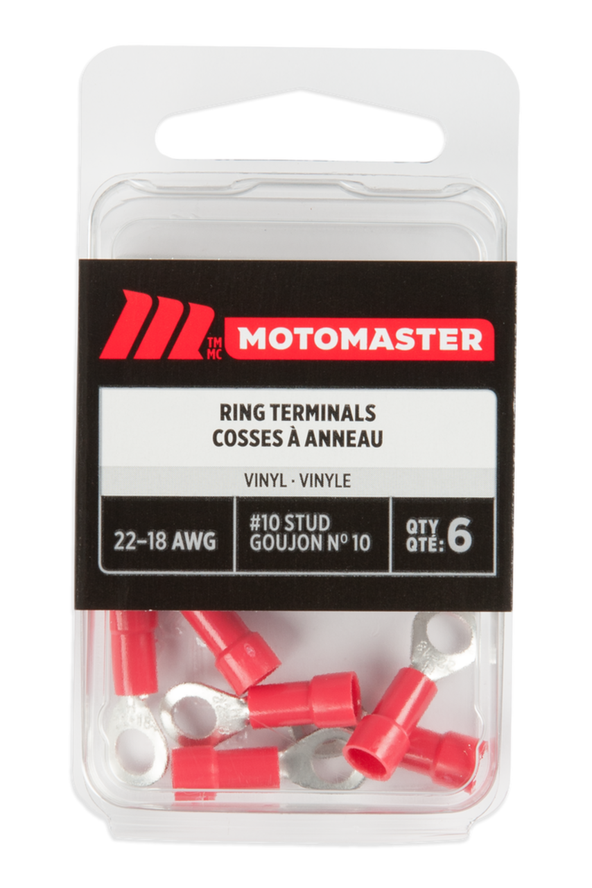 MotoMaster 22-18 AWG Automotive Ring Terminal, #10 Stud, 6-pk