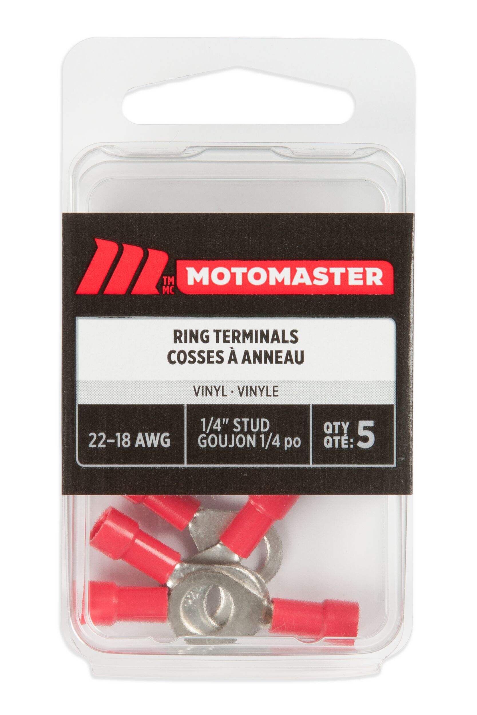 MotoMaster 22-18 AWG Automotive Ring Terminal, 1/4-in, 5-pk Front_Flat