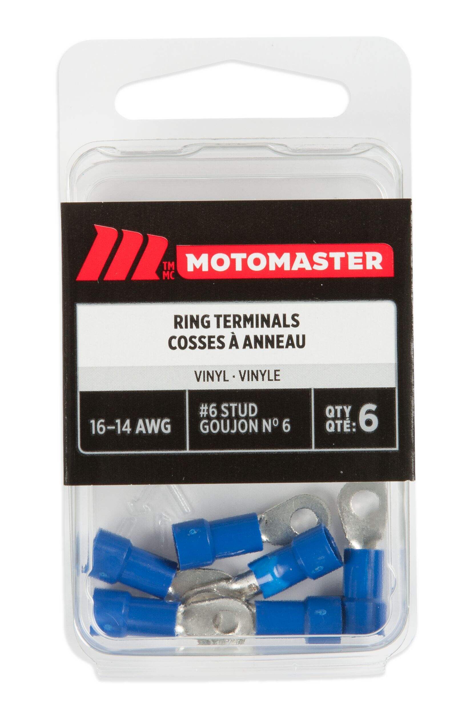 Cosses à anneau 16-14 AWG pour l'auto MotoMaster, goujon de calibre 6, paq. 6 Front_Flat