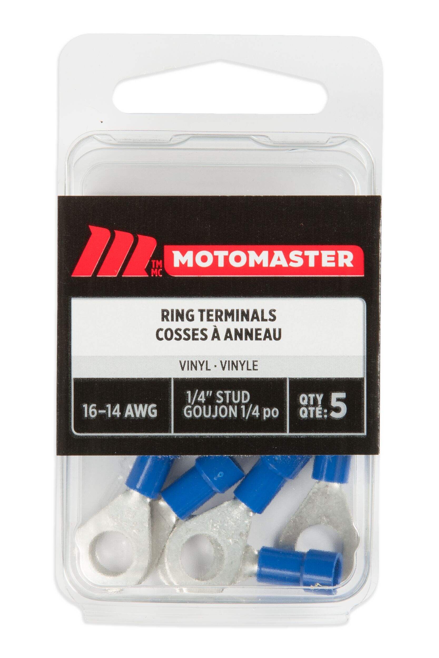 MotoMaster 16-14 AWG Automotive Ring Terminal, 1/4-in, 5-pk Front_Flat