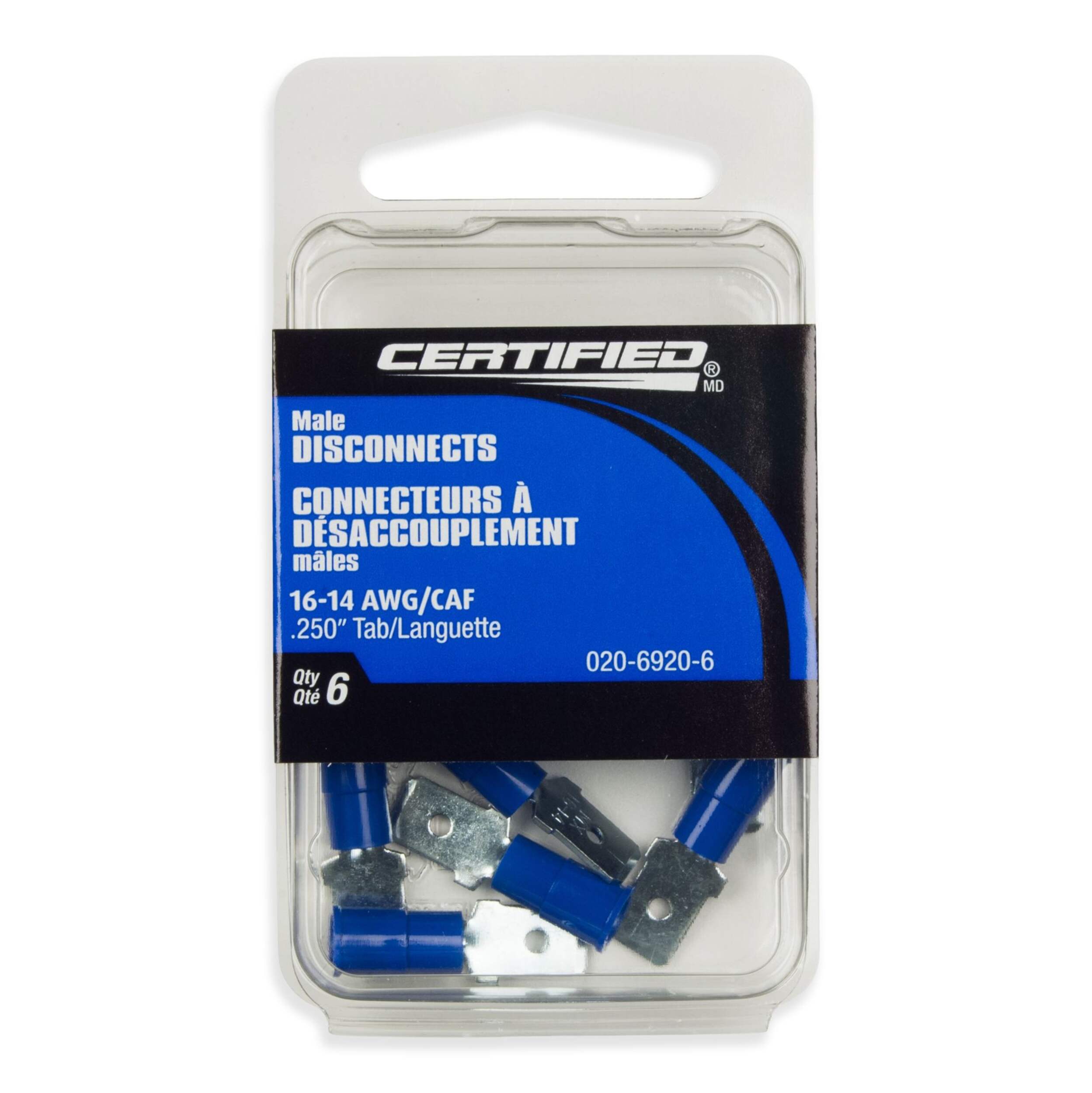 Cosses mâles à débranchement rapide 16-14 AWG pour l'auto MotoMaster, 0,250 po, paq. 6 Front_Flat