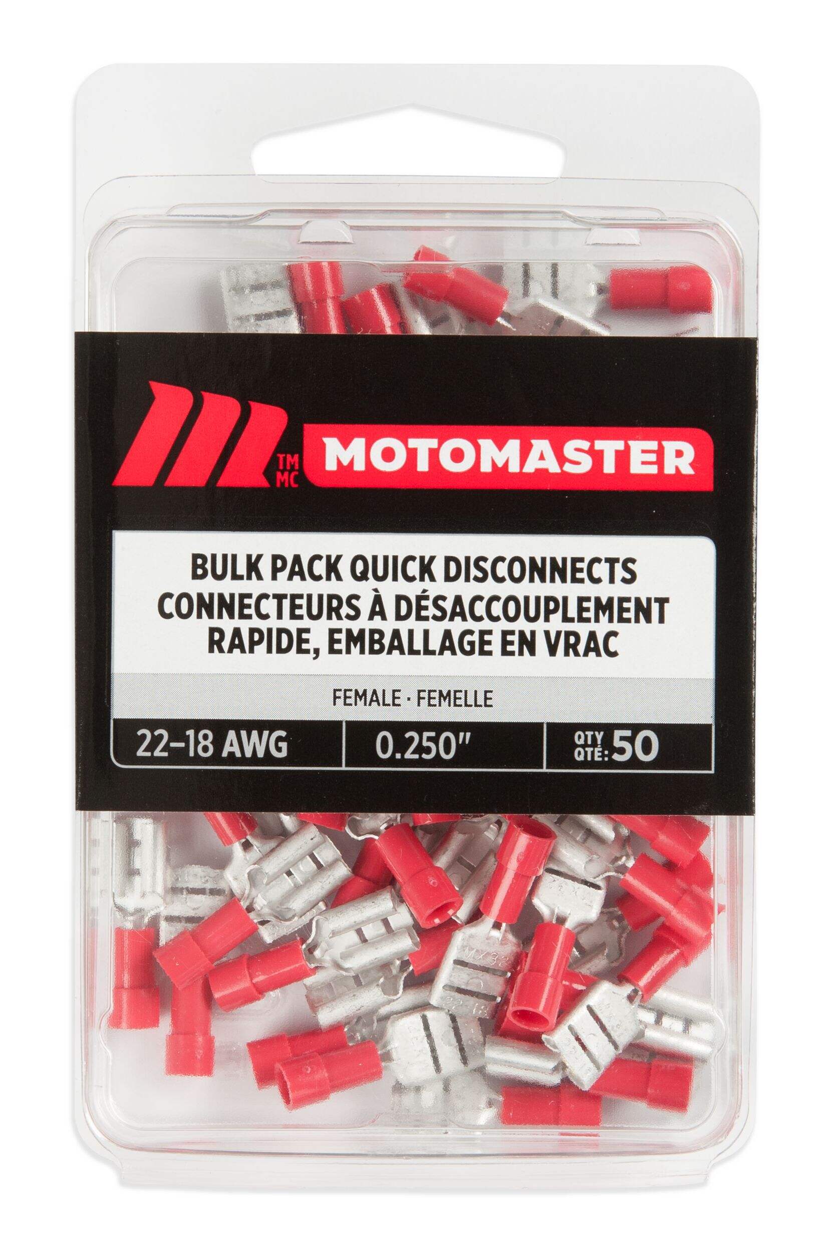 MotoMaster 22-18 AWG Automotive Female Quick Disconnect, Bulk Pack, .250-in, 50-pk Front_Flat