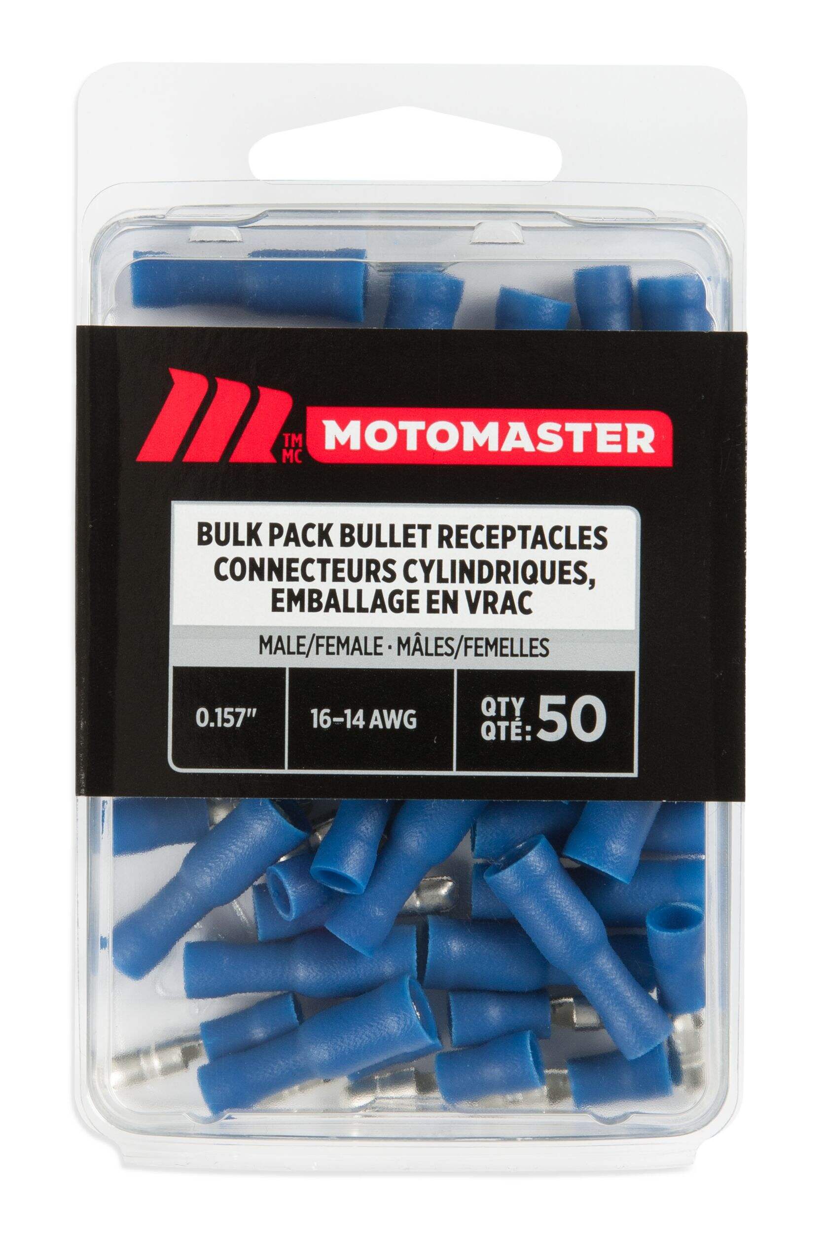 MotoMaster 16-14 AWG Automotive Male/Female Bullet Connector, Bulk Pack, .157-in, 50-pk Front_Flat
