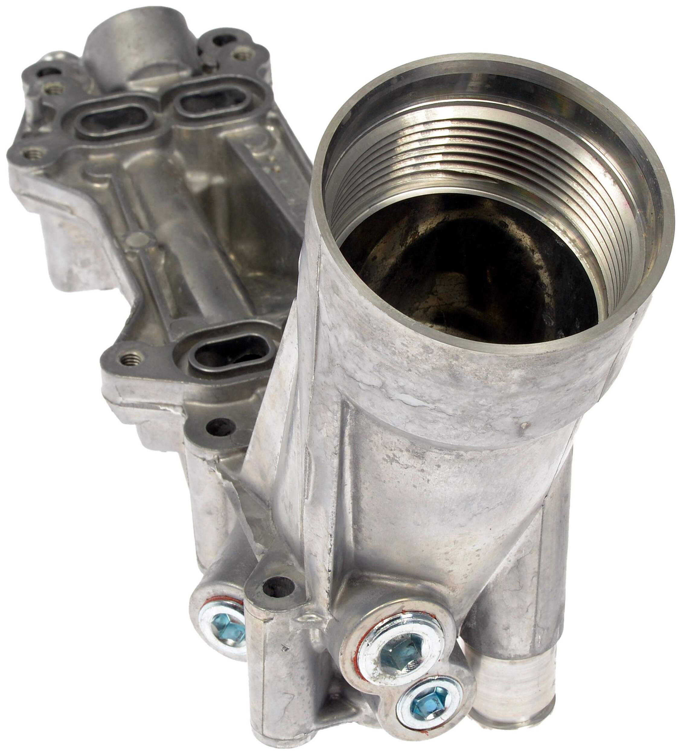 Dorman OE FIX Upgraded Aluminum Engine Oil Filter Housing with Oil Cooler Front_Angled_Right