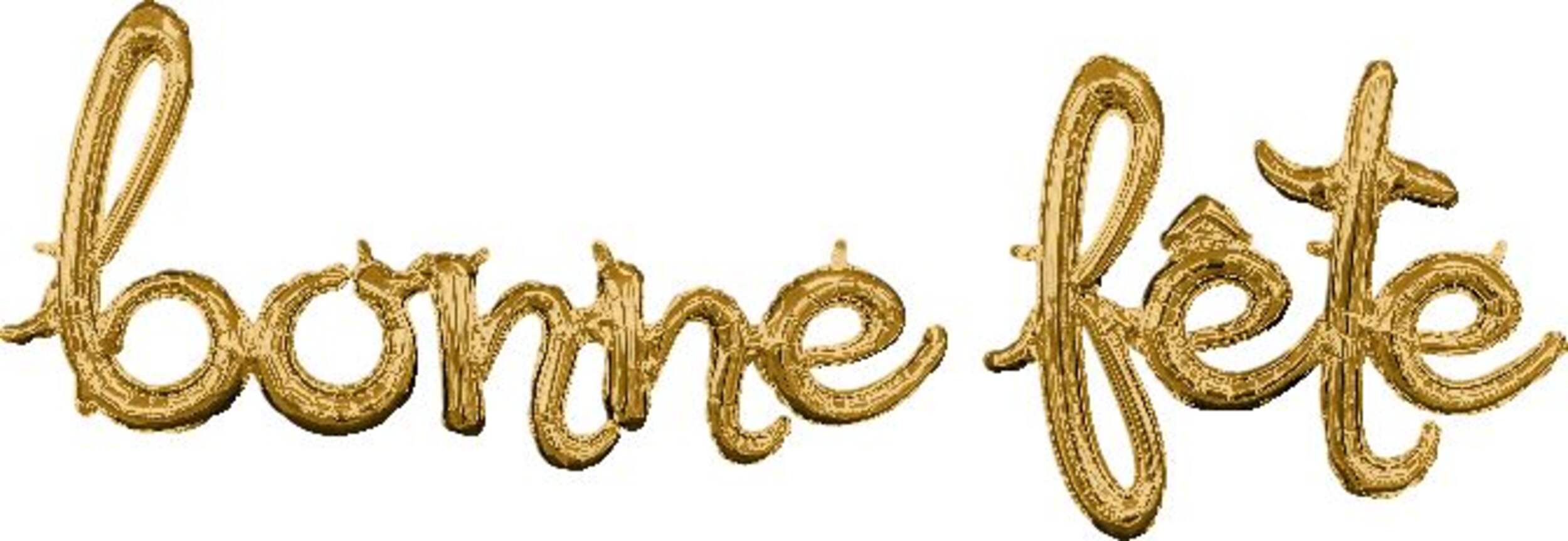 "Bonne Fête" French Cursive Letters Satin Foil Balloon, Gold, 58x20-in, Air-Filled for Birthday Party Front_Flat