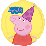 Nickelodeon Peppa Pig Round Satin Foil Balloon, Yellow/Pink, 18-in, Helium Inflation & Ribbon Included for Birthday Party Front_Flat