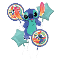 Bouquet de ballons en aluminium satiné Stitch, multicolore, ruban et gonflage hélium compris, pour fête d'anniversaire