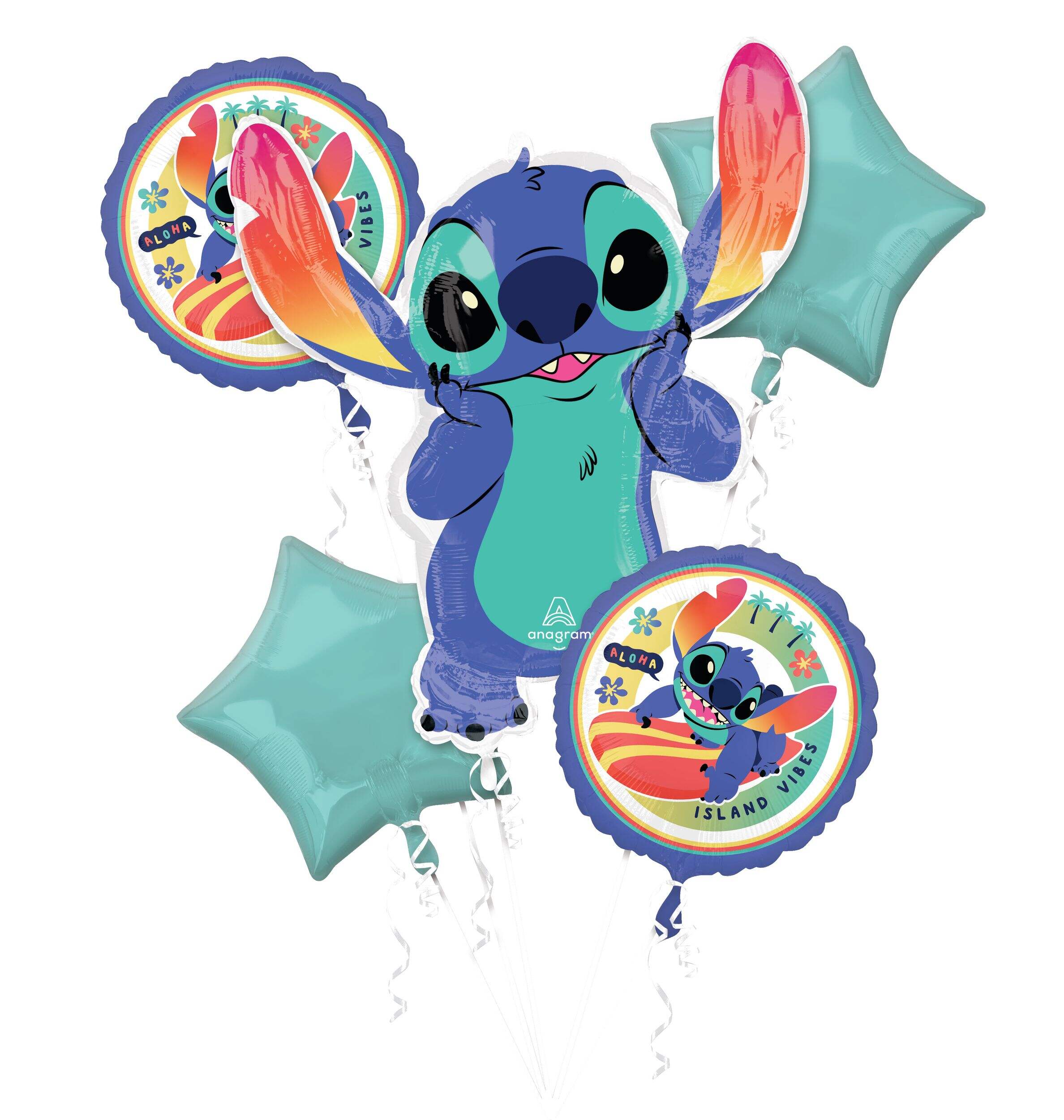 Bouquet de ballons en aluminium satiné Stitch, multicolore, ruban et gonflage hélium compris, pour fête d'anniversaire Front_Flat