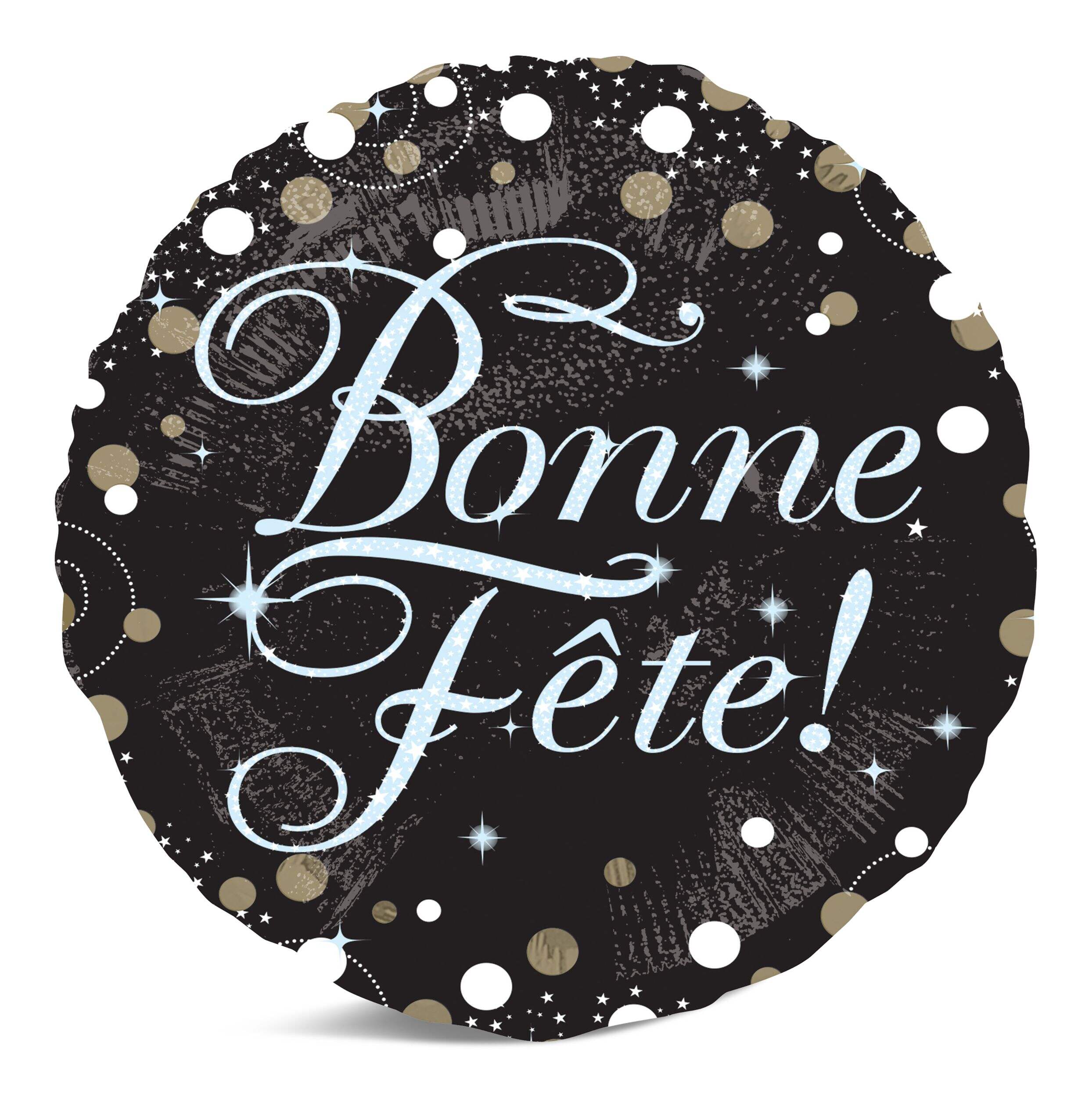 Sparkling Celebration "Bonne Fête" French Round Satin Foil Balloon, Black/Gold, 18-in, Helium Inflation & Ribbon Included for Birthday Party Front_Flat