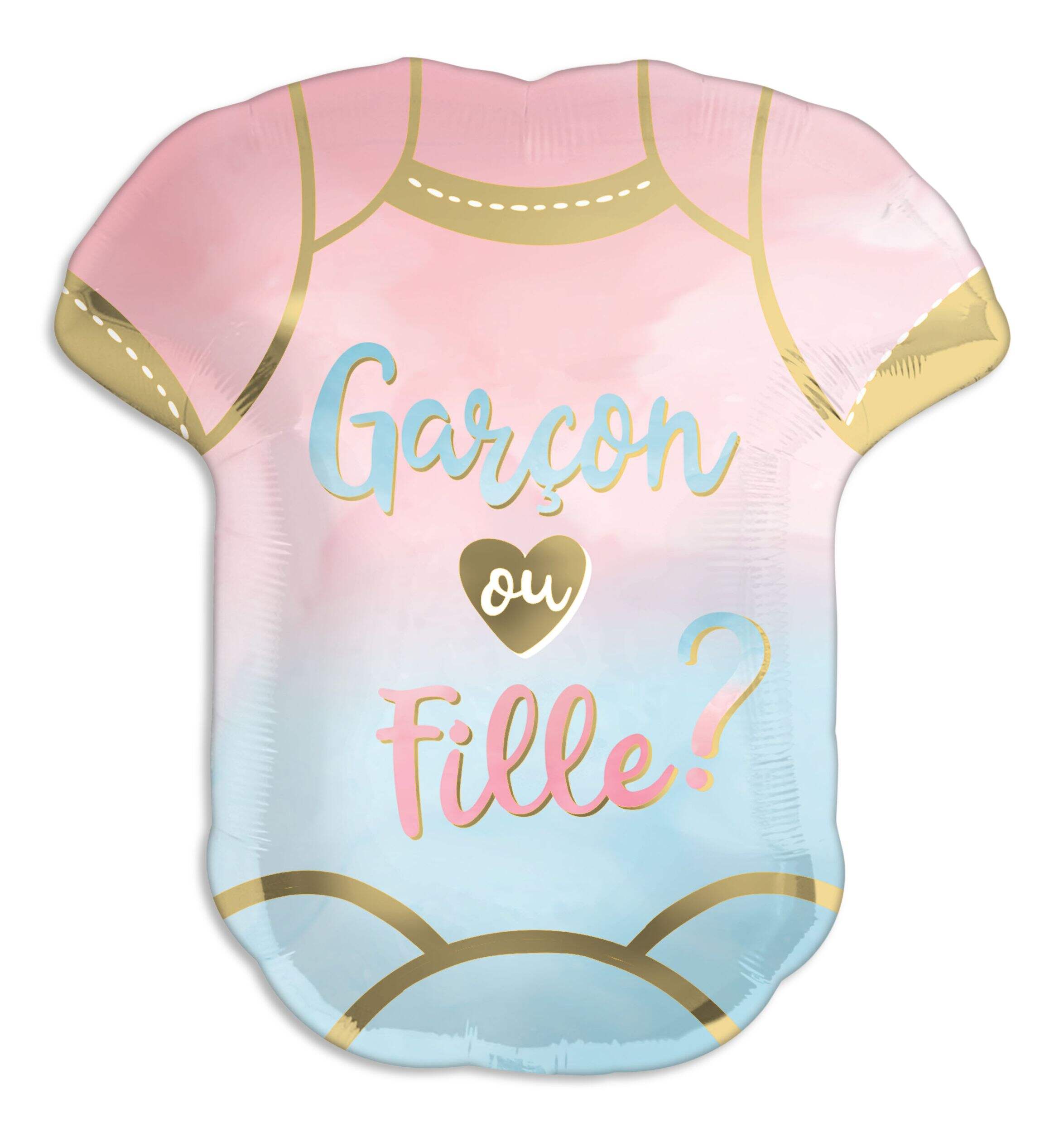 "Garçon ou Fille?" French Onesie Satin Foil Balloon, Pink/Blue, 22-in, Helium Inflation & Ribbon Included for Gender Reveal Front_Flat