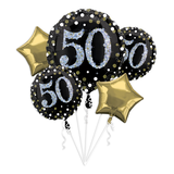 Bouquet de ballons en aluminium satiné rond/étoilé célébration étincelante 50, noir/or, à pois, paq. 5, gonflement à l'hélium et ruban inclus, pour fête d'anniversaire Front_Flat
