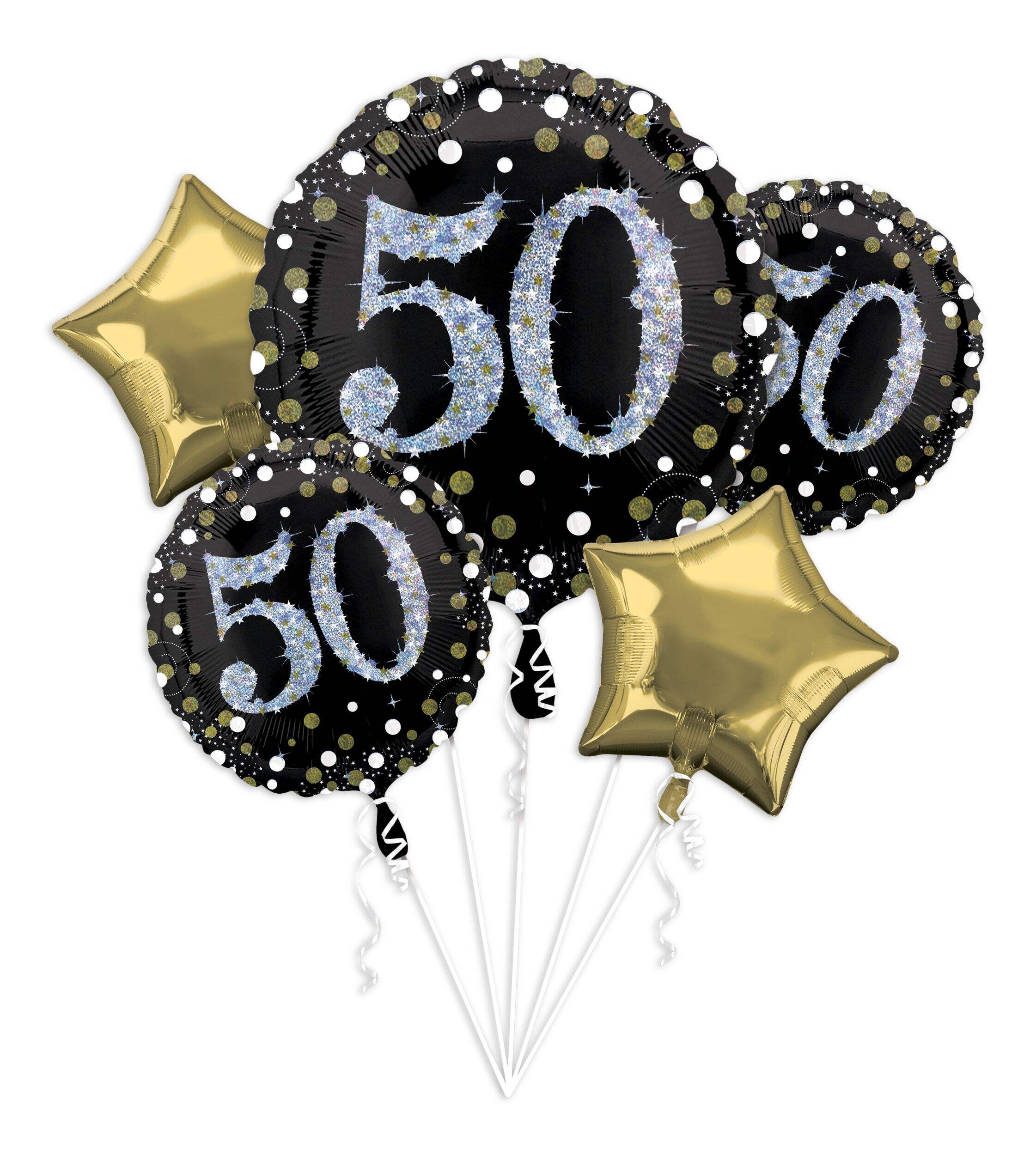 Sparkling Celebration "50" Star/Round Satin Foil Balloon Bouquet, Black/Gold, Polka Dot, 5-pk, Helium Inflation & Ribbon Included for Birthday Party Front_Flat