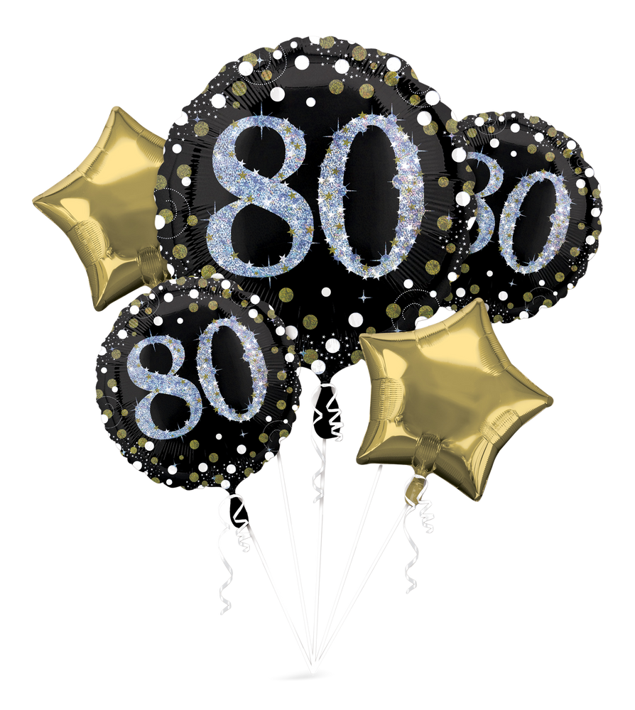 Sparkling Celebration "80" Star/Round Satin Foil Balloon Bouquet, Black
