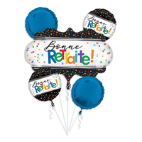 "Bonne Retraite" Round Satin Foil Balloon Bouquet, White/Black/Blue, Polka Dot, 5-pk, Helium Inflation & Ribbon Included for Retirement Front_Flat