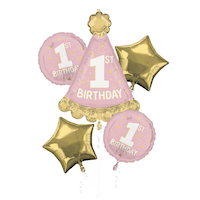 Bouquet de ballons en aluminium satiné Little Miss One-derful, rose clair/or, gonflage à l'hélium et ruban inclus pour fête d'anniversaire Front_Flat