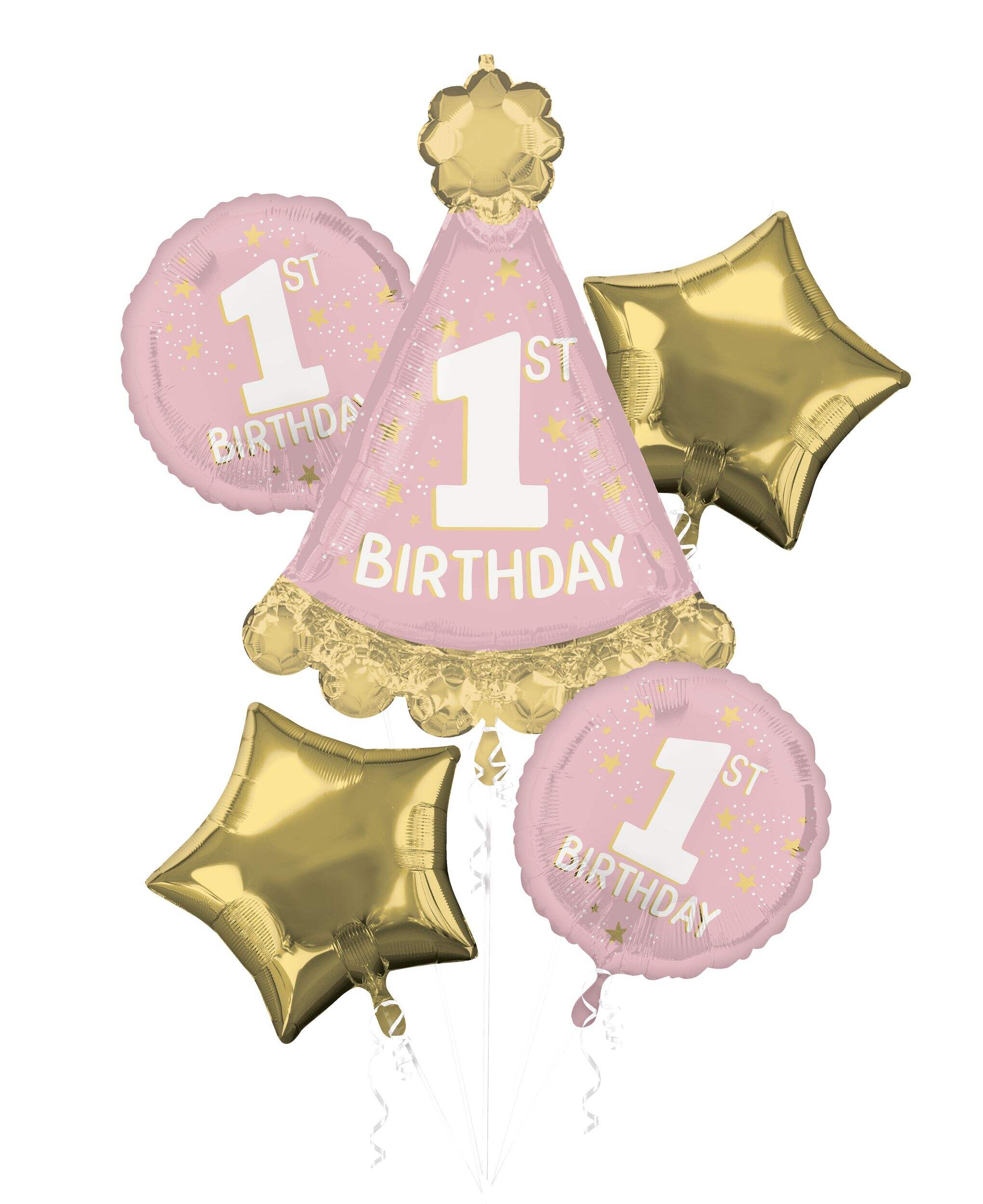 Bouquet de ballons en aluminium satiné Little Miss One-derful, rose clair/or, gonflage à l'hélium et ruban inclus pour fête d'anniversaire Front_Flat