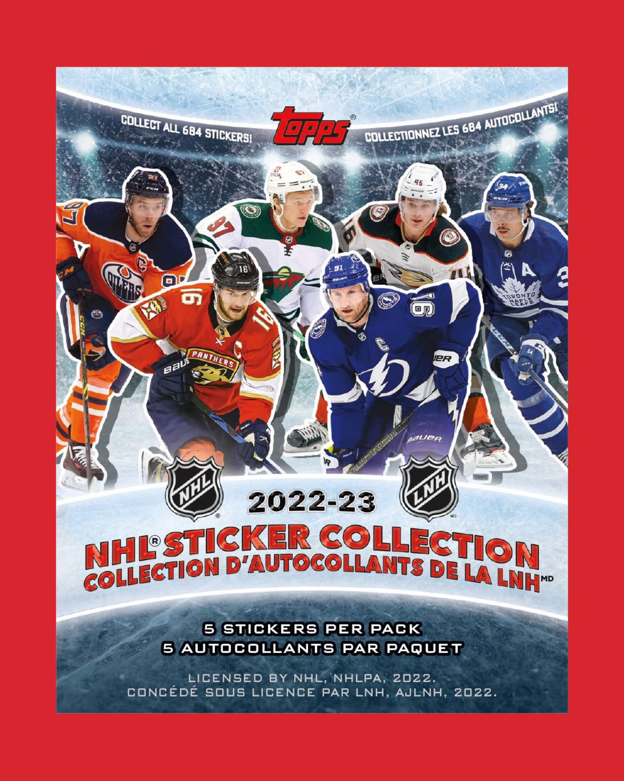 National Hockey League NHL 2023 Topps Stickers, Red, 5-pk, for Birthday/Sports/Party Favour Front_Flat
