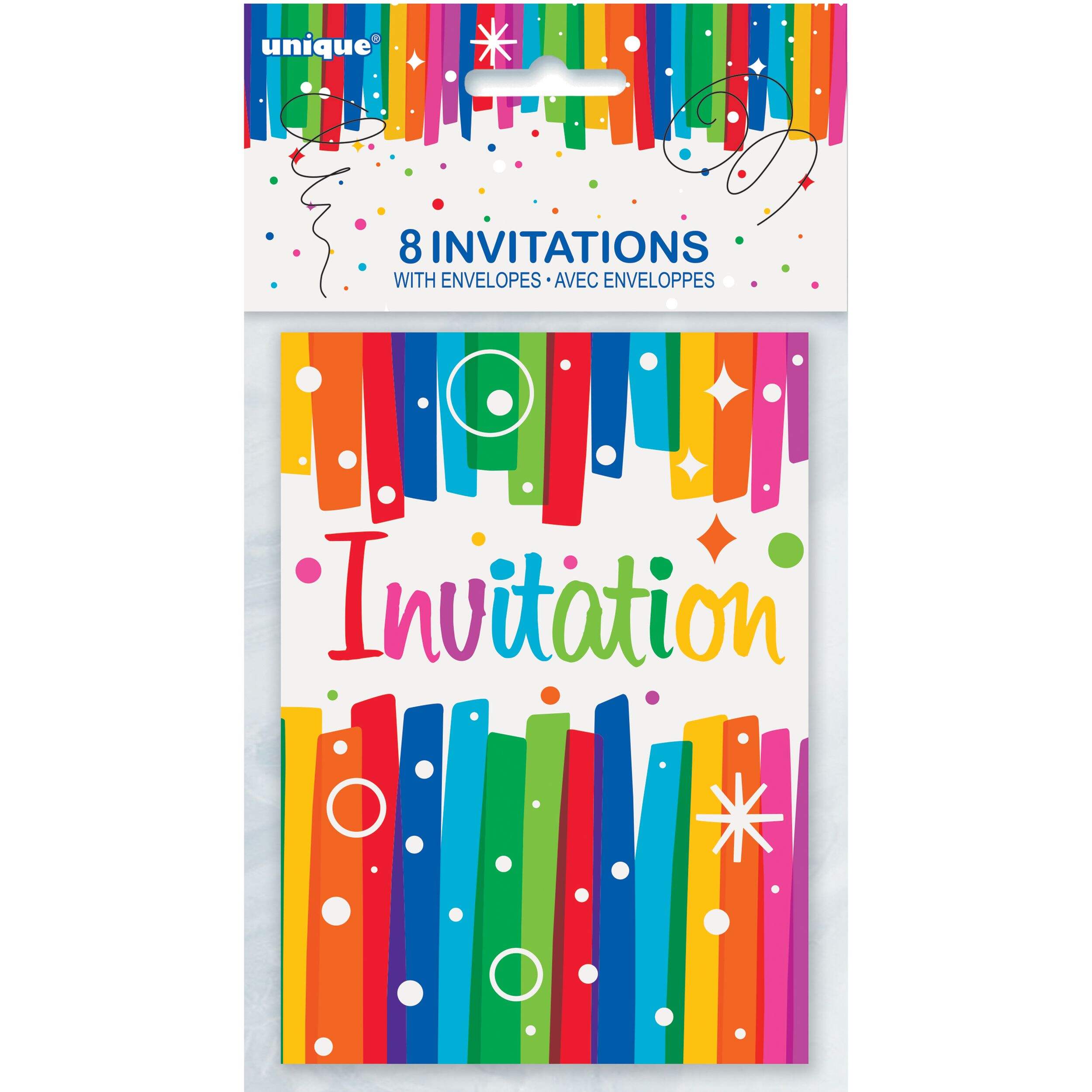 Invitations de fête à motif de confettis et rubans arc-en-ciel, avec enveloppes, paq. 8 Front_Flat