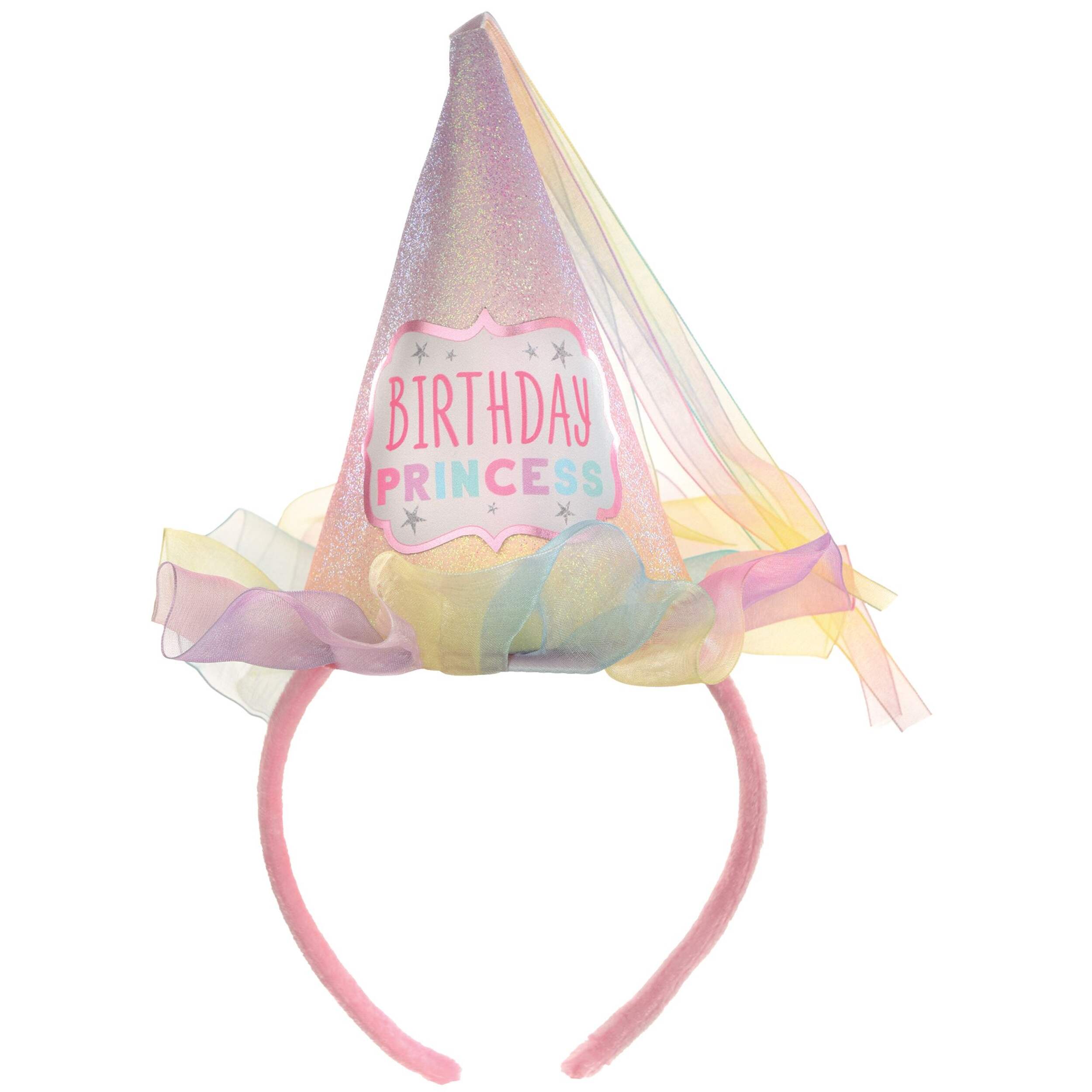 "Birthday Princess" Party Cone Hat Headband, Pink/Yellow, One Size, for Birthday Party Front_Flat