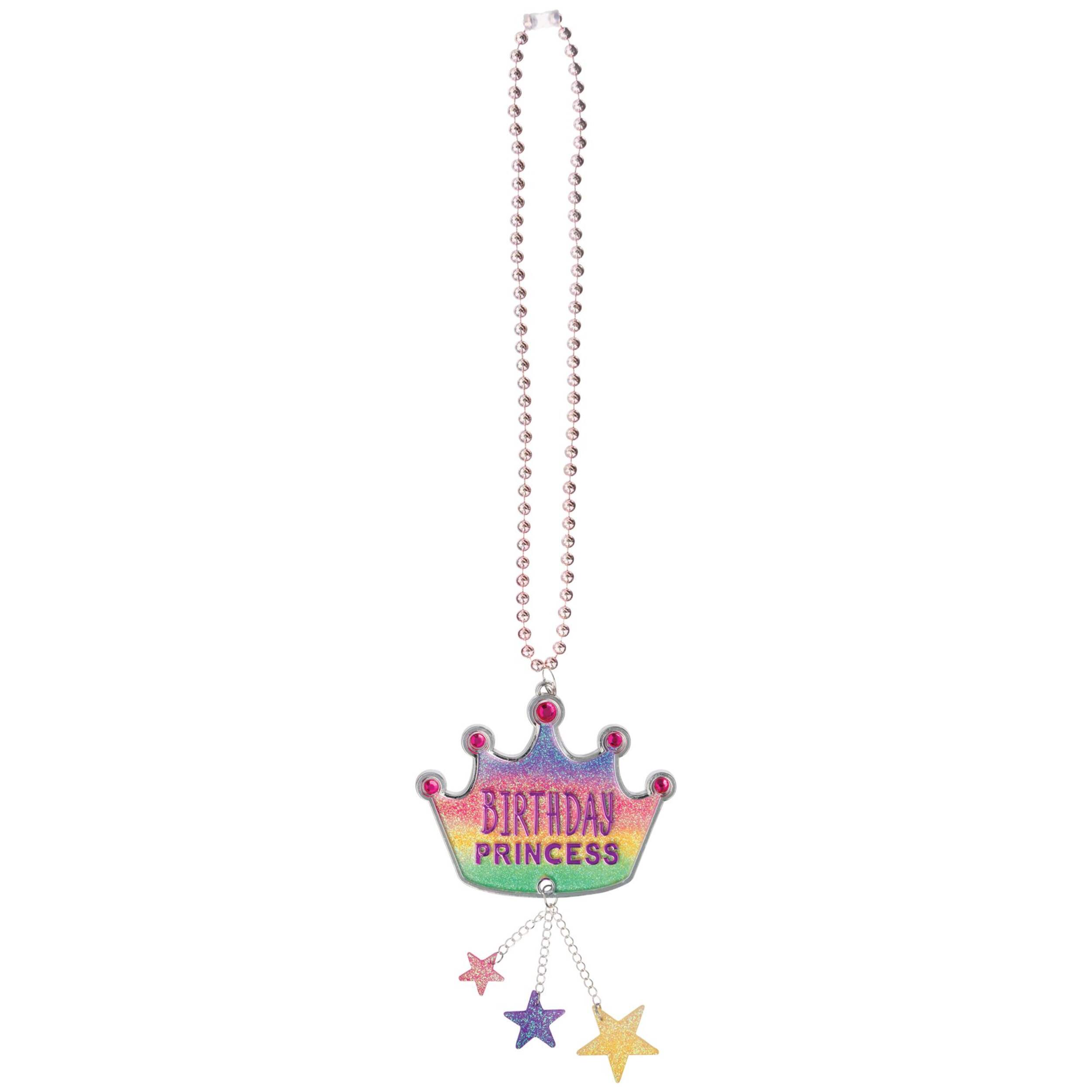 "Birthday Princess" Tiara Crown Glitter Pendant Bead Necklace, Multi-Coloured, One Size, for Birthday Party Front_Flat