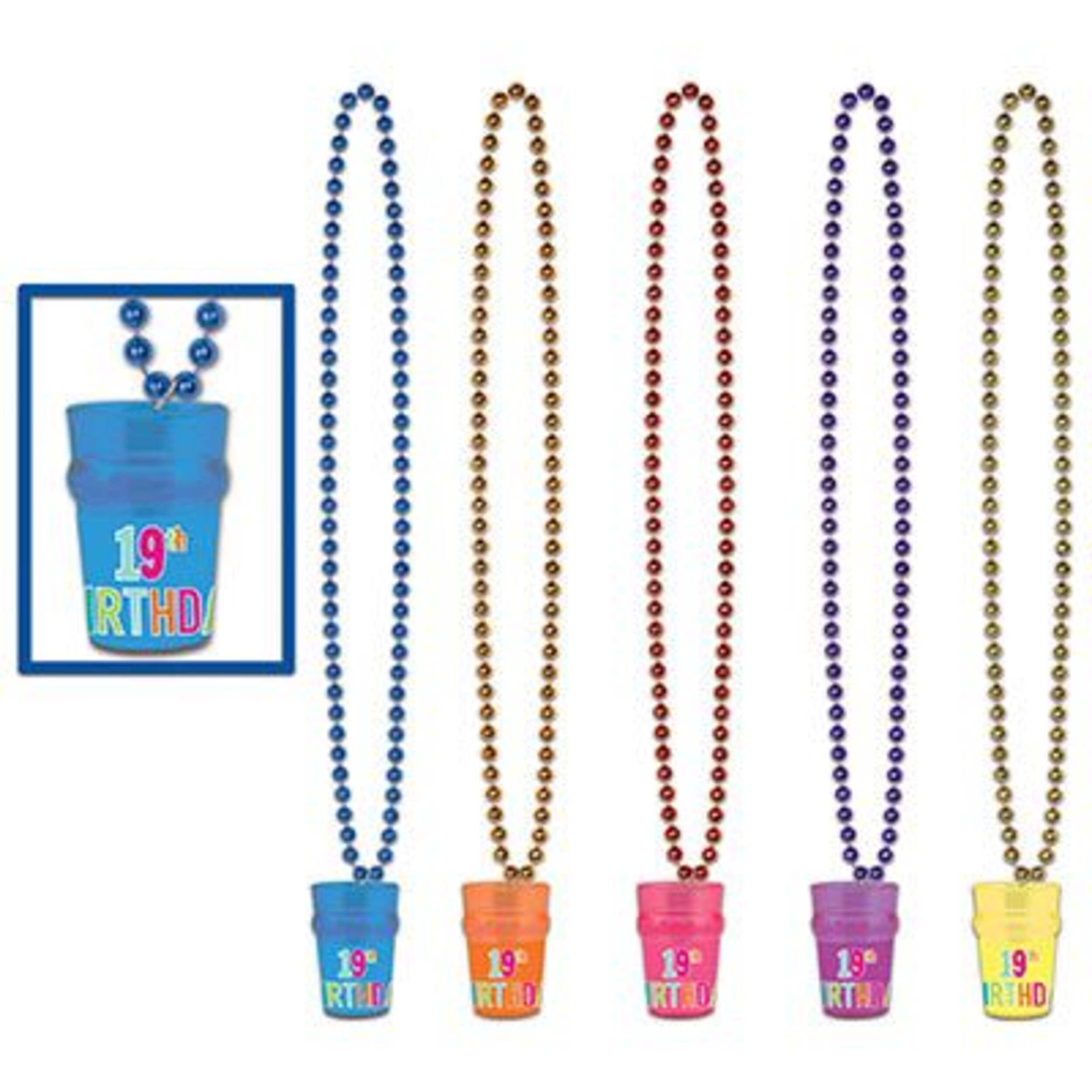 "19th Birthday" Shot Glass Bead Necklaces, Multi-Coloured, One Size, 5-pk, for Birthday Party Composite_or_Mixed