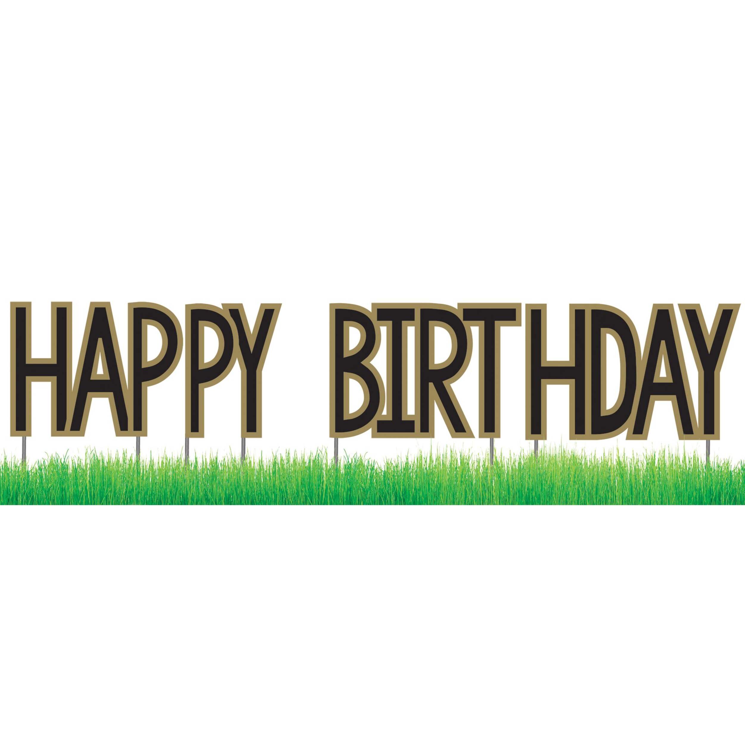 Affiche de jardin Happy Birthday, doré et noir, 12 po Front_Flat